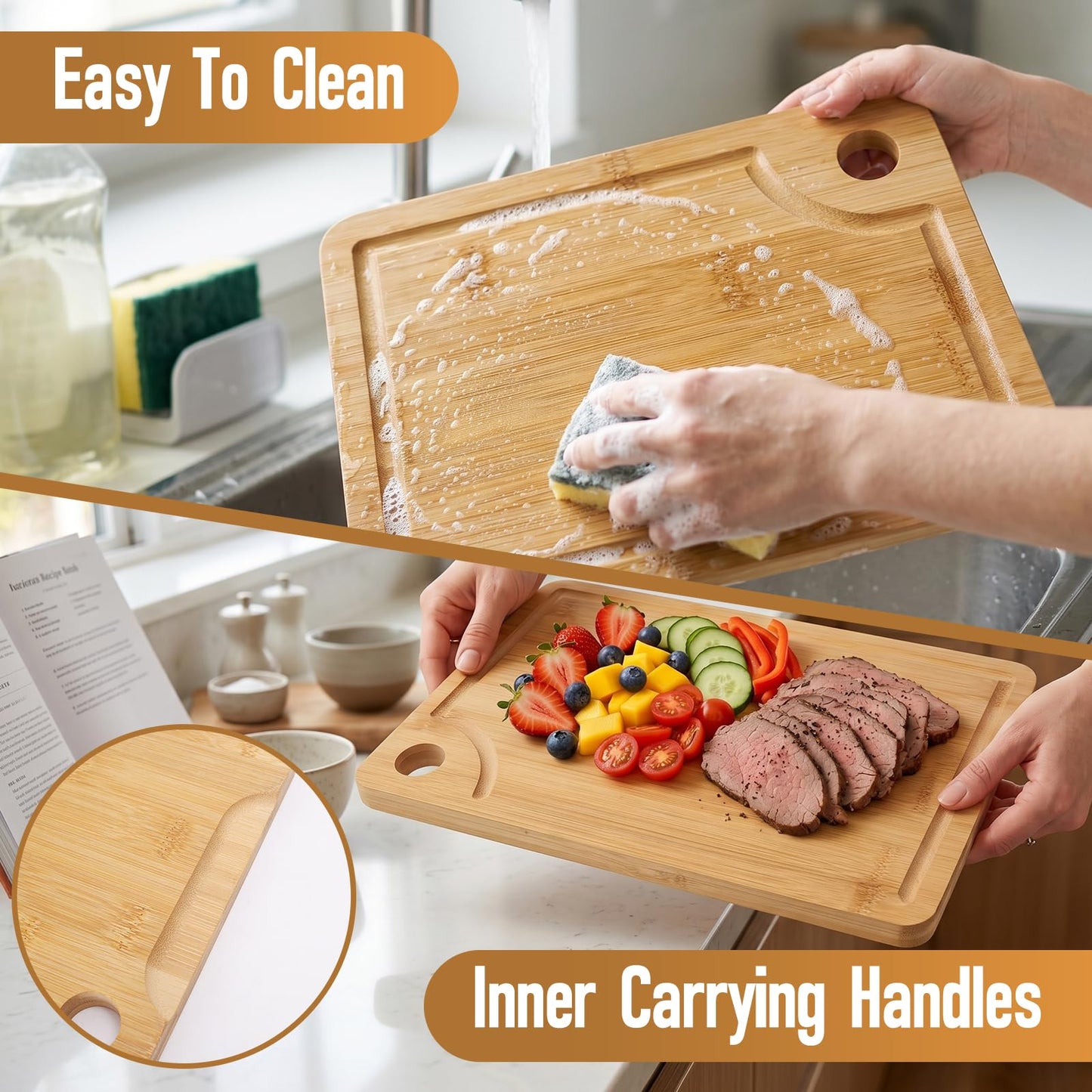 VIVIGU Bamboo Cutting Boards for Kitchen, 3-Piece Wood Cutting Board with Juice Grooves, Durable Wooden Chopping Boards Set for Meal Prep, Meat, Vegetables, Fruits, Serving, Kitchen Essentials
