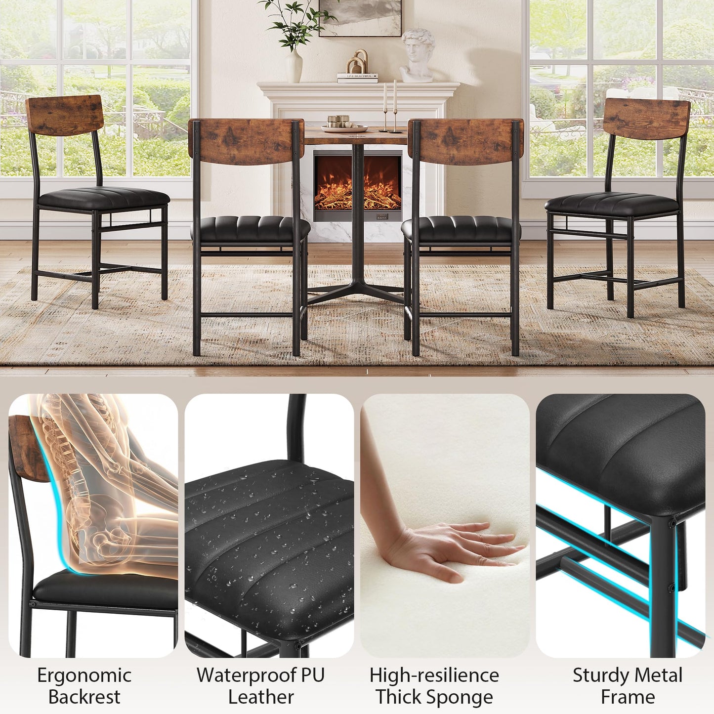 Jocoevol Industrial Dining Chairs Set of 4 - Upholstered Dining Room Chairs with PU Leather, Kitchen Chairs with Wooden Backrest and Thickened Metal Legs, for Dining Room, Living Room（Rustic Brown）