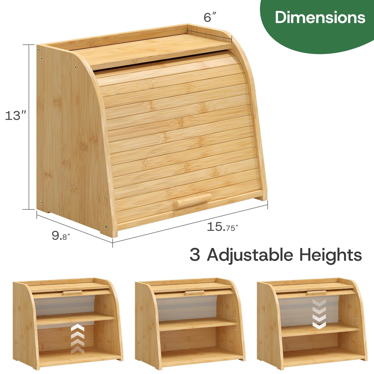 kiplant Bread Box for Kitchen Countertop, Large Bamboo Wood Bread Box, Wooden Corner Bread Storage Capacity