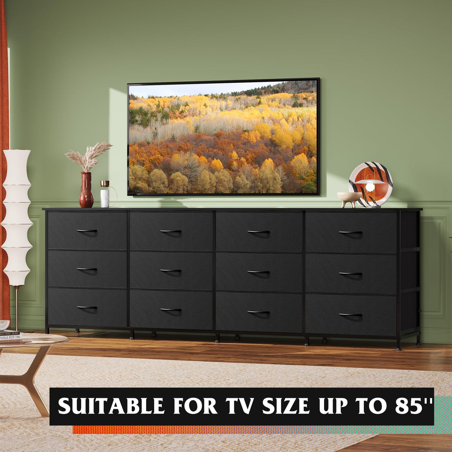 WLIVE 75.5'' Black Dresser for Bedroom, TV Stand for 85, 80, 75, 65 Inch TV, 12 Drawer Long Fabric Dresser with Wood Top, Wide Entertainment Center Storage Chest for Living Room, Closet