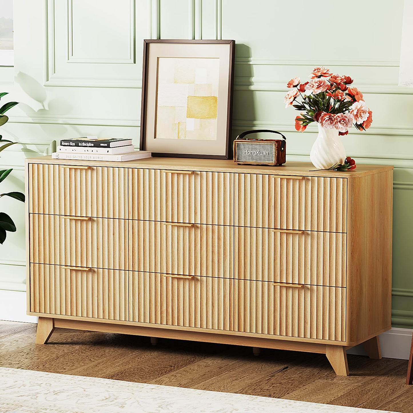VINGLI Fluted 9 Drawer Dresser for Bedroom, Wood Dresser with Rounded Edges, 57" Long Dressers Oak, Natural Wood Color, 57" W*15.75" D*29.92" H
