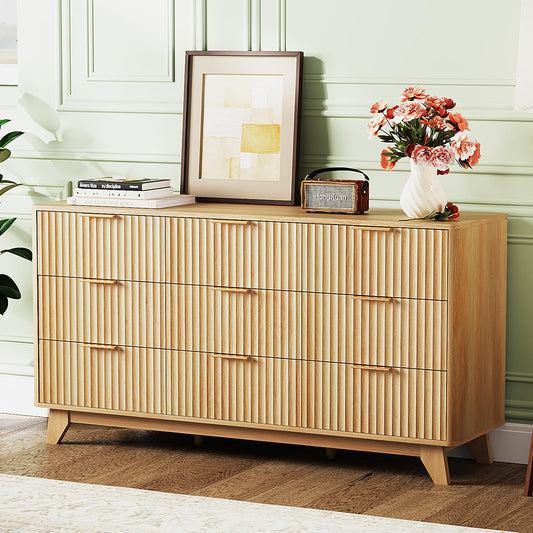 VINGLI Fluted 9 Drawer Dresser for Bedroom, Wood Dresser with Rounded Edges, 57" Long Dressers Oak, Natural Wood Color, 57" W*15.75" D*29.92" H