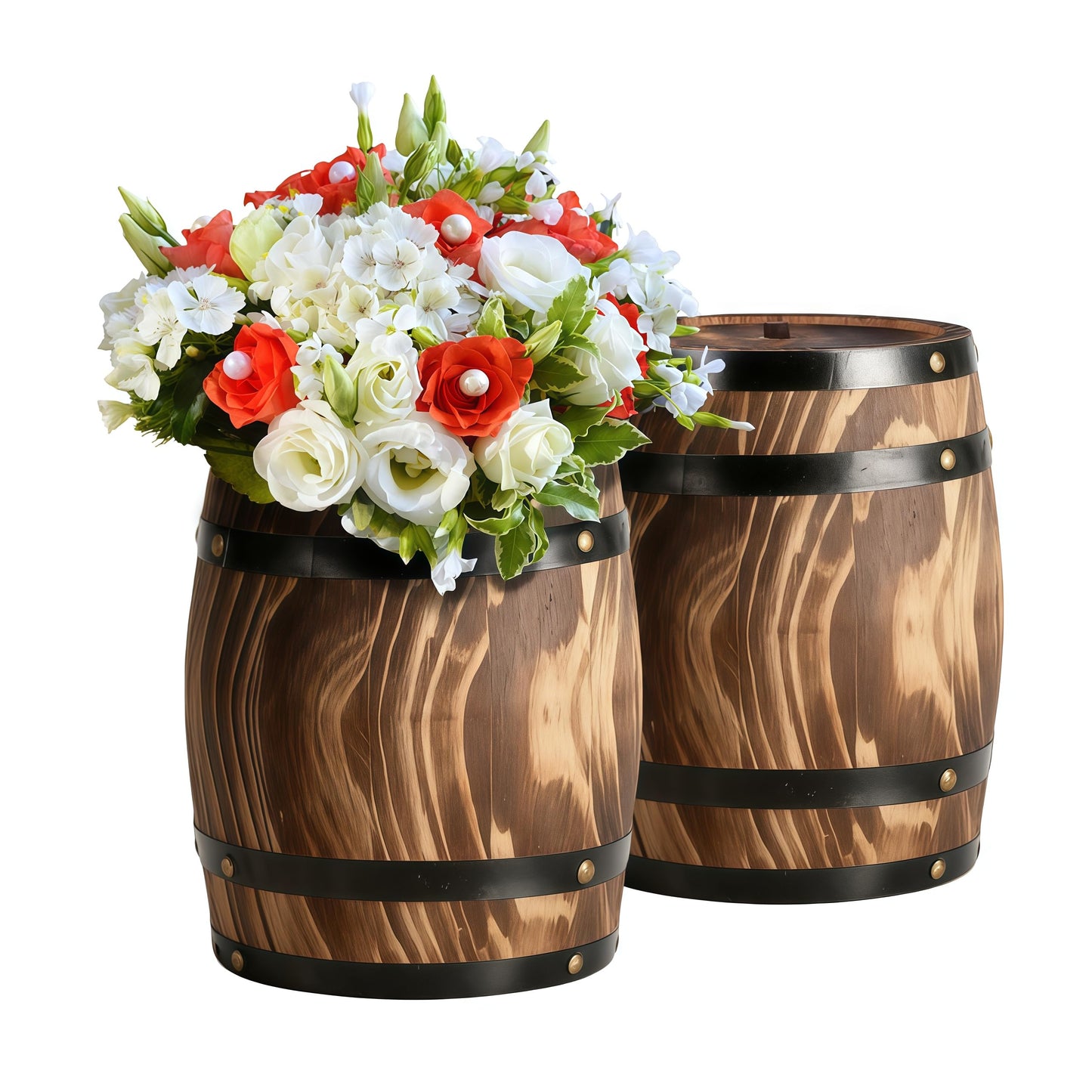 2Pcs Ippoulas Wooden Wine Barrel Planters 8" x 6.5" - Set of Rustic Wood Vases for Flowers, Centerpieces Decor | Wine Barrel Wedding, Party, Home Decoration
