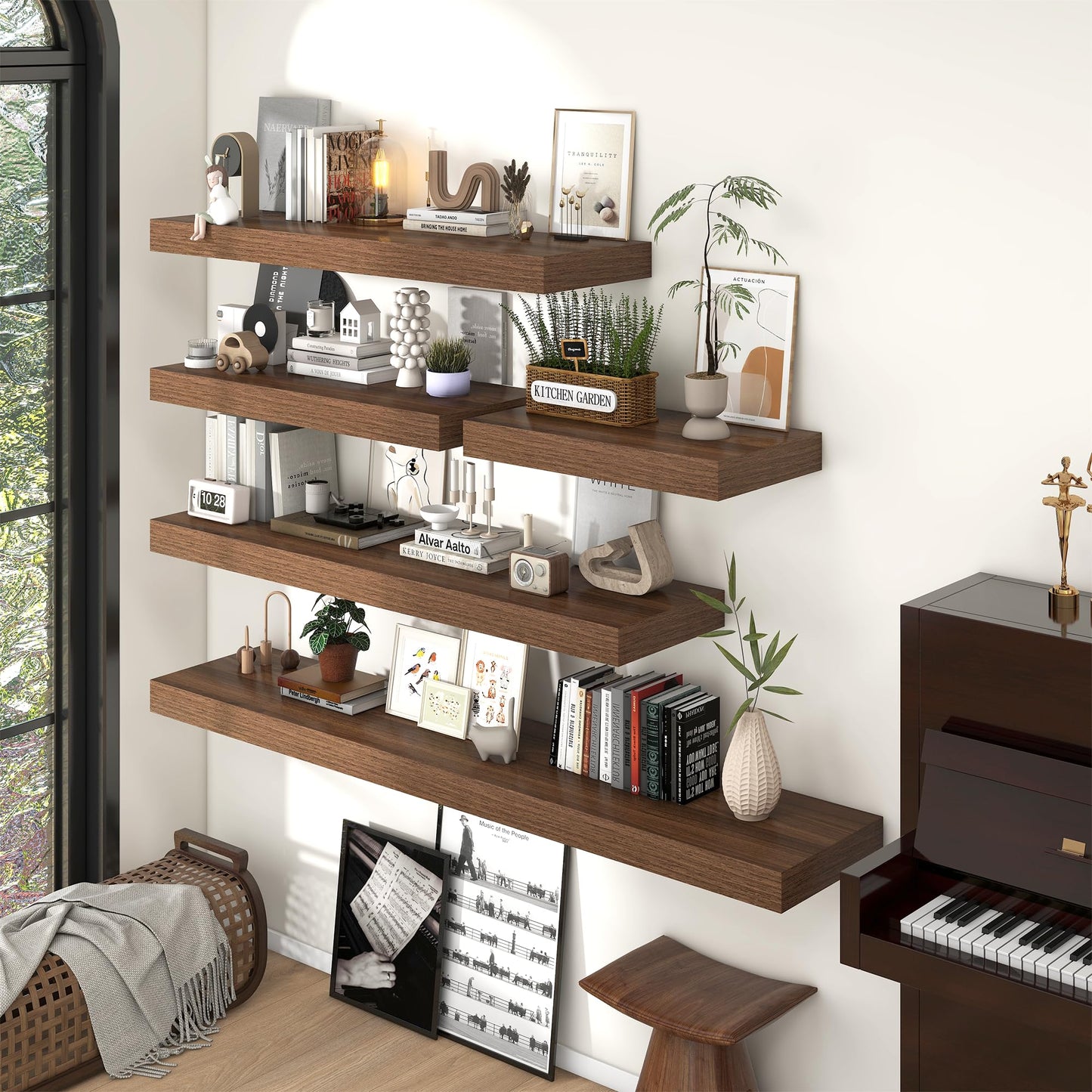 FLYJOE 24 Inch Long Floating Shelves for Wall Set of 2, 12" D Wood Grain Bathroom Shelves with Invisible Brackets, Easy Install Engineered Wood Storage Shelves for Kitchen, Living Room, Bedroom