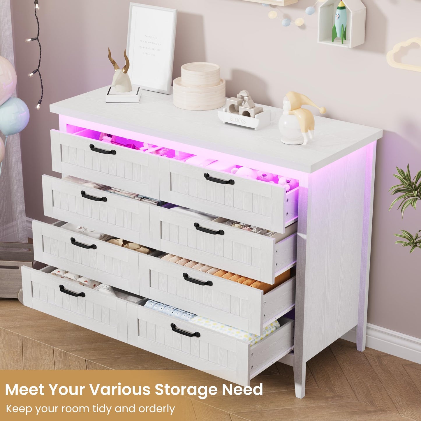 IDEALHOUSE 8 Drawer Dresser with Charging Station & LED Lights