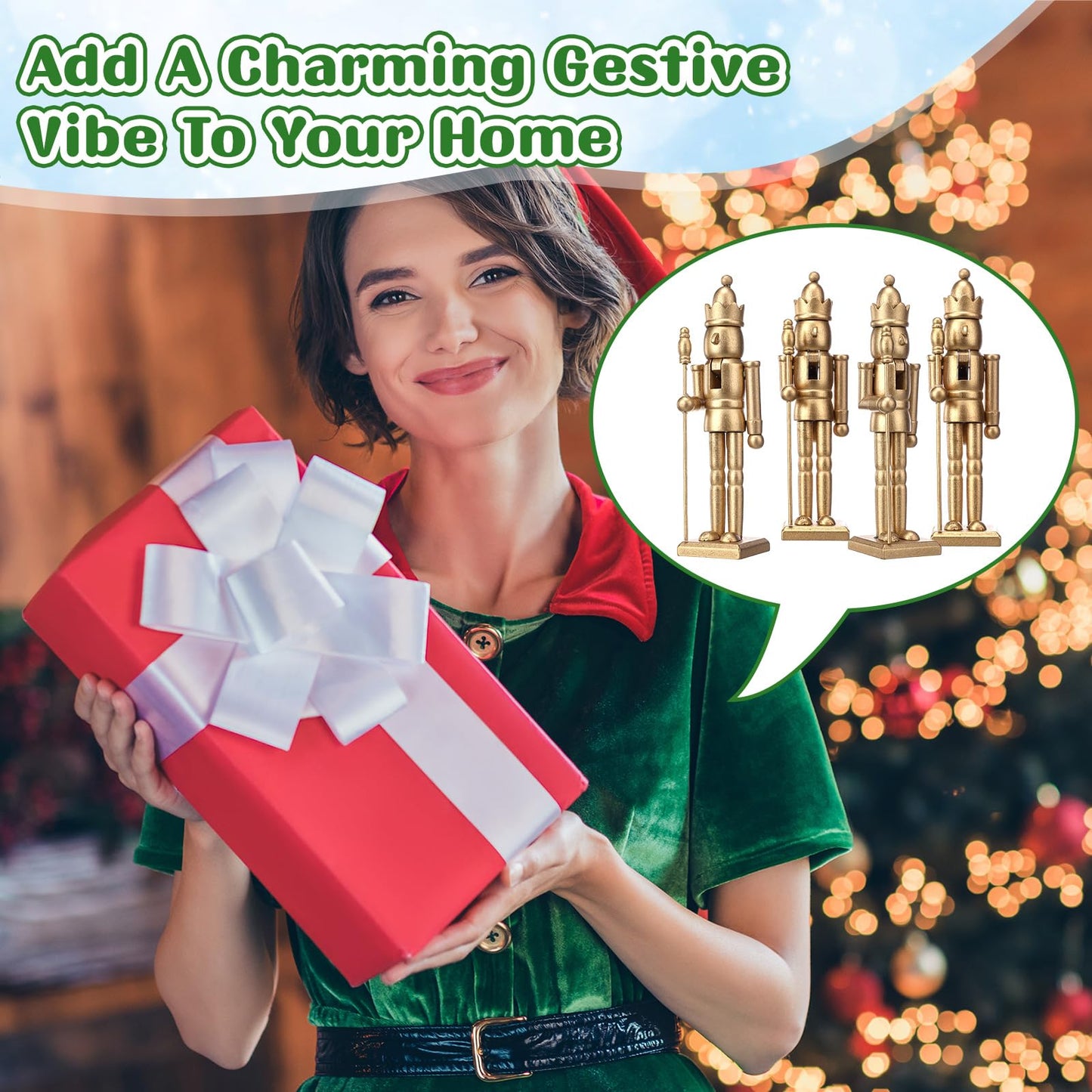 Roowest Christmas Nutcracker Figure 7 Inch Gold Wooden Doll Decoration Set Including Nutcracker with King Shape and White Beard for DIY Crafts Christmas Decorations(4 Pcs)