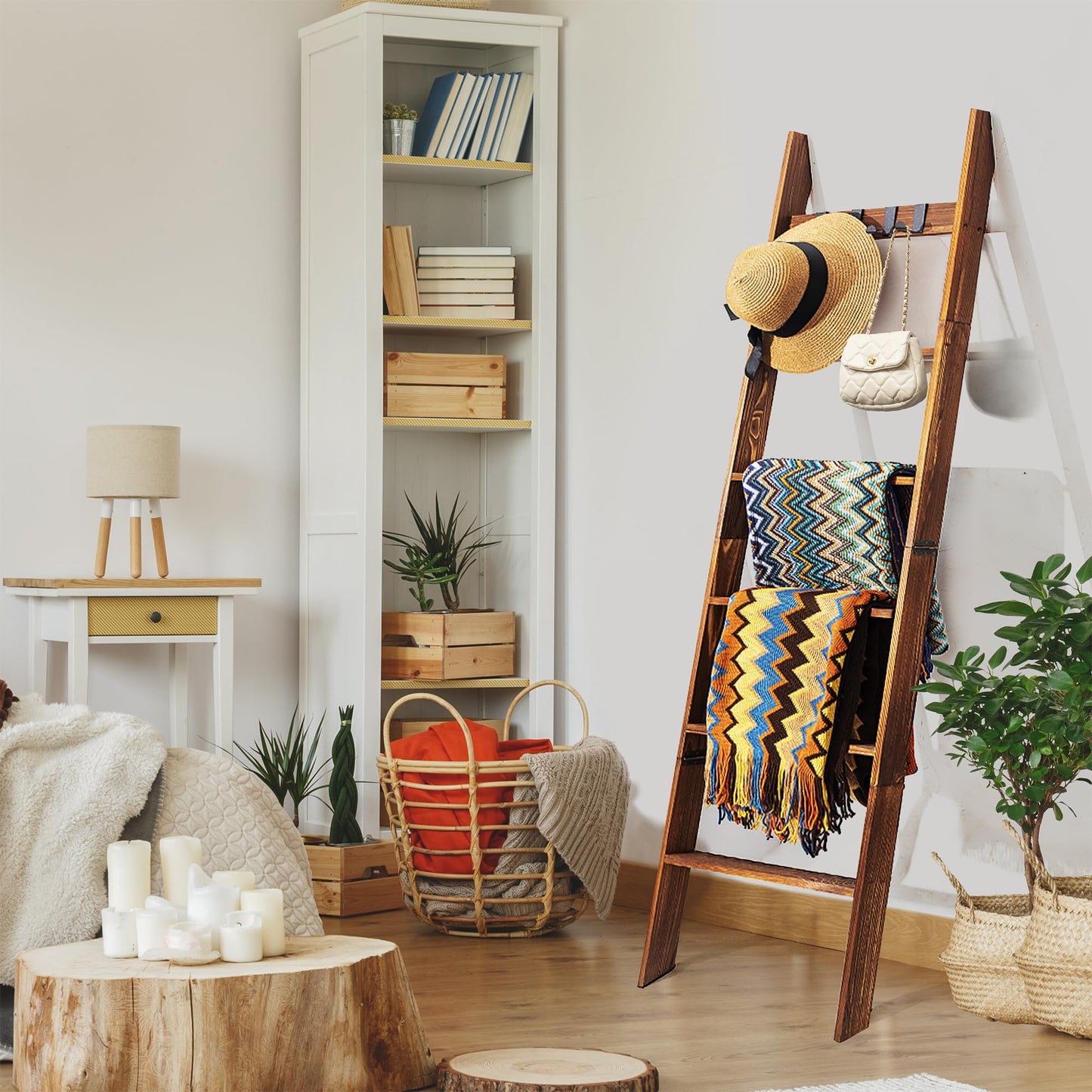 Wooden Blanket Ladder for Living Room 6-Tier, Decorative Ladder Blanket Rack & Quilt Ladder Decor, Rustic Farmhouse Wood Ladder with Removable Hooks, Anti-Slip Sturdy Blanket Holder, 68 Inch, Brown