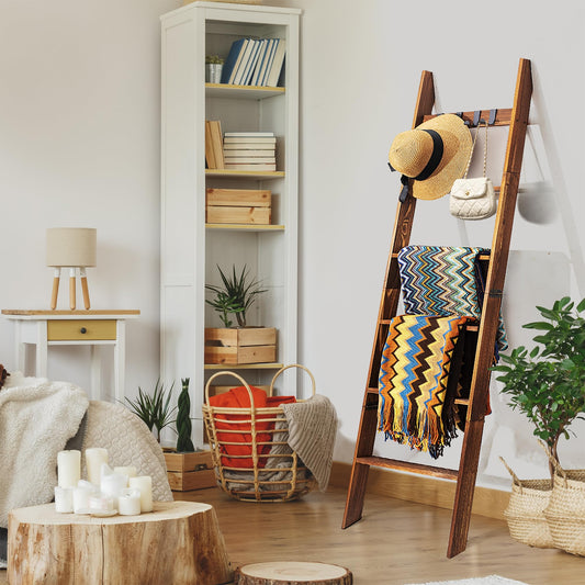 Wooden Blanket Ladder for Living Room 6-Tier, Decorative Ladder Blanket Rack & Quilt Ladder Decor, Rustic Farmhouse Wood Ladder with Removable Hooks, Anti-Slip Sturdy Blanket Holder, 68 Inch, Brown