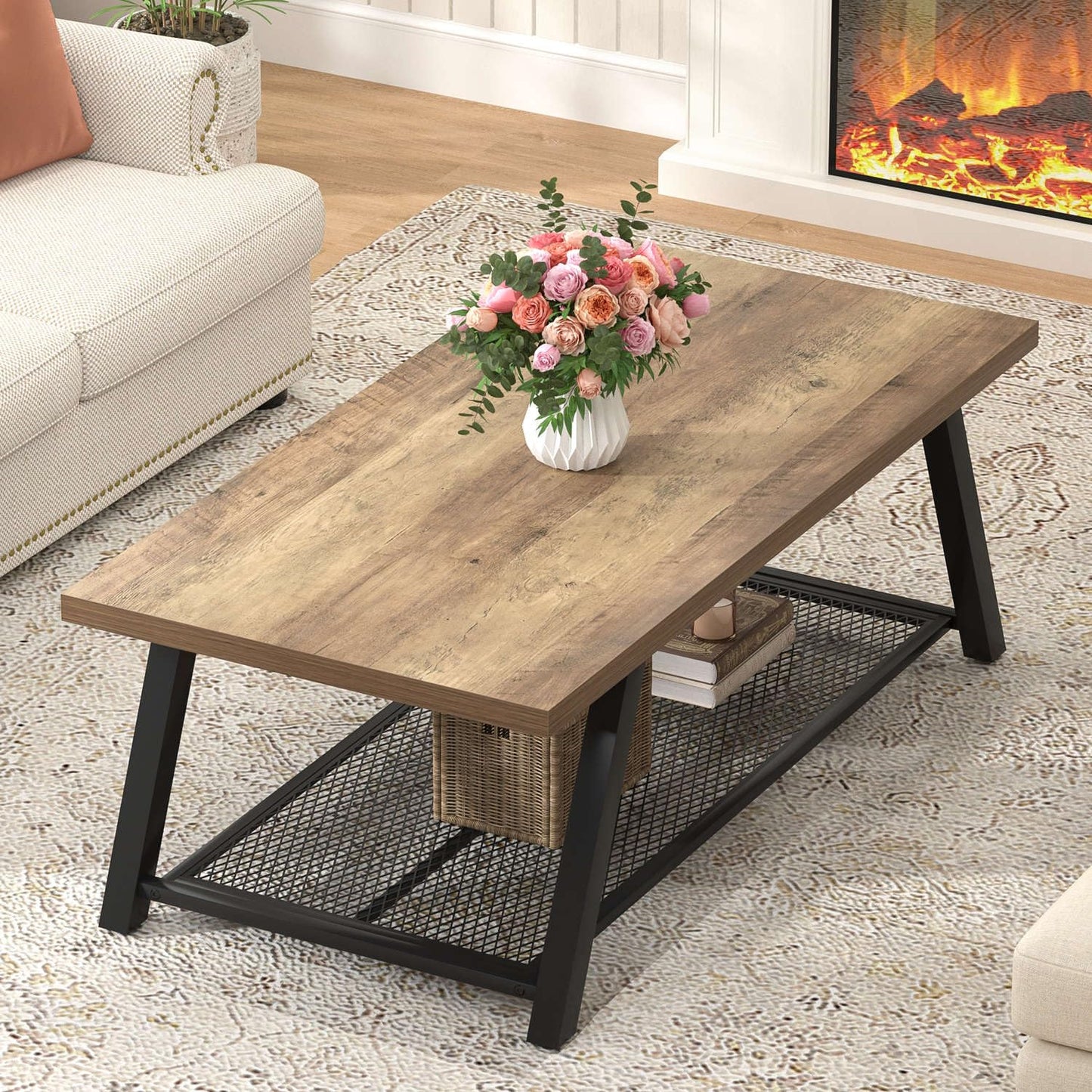 FOLUBAN Coffee Table with Storage, Modern Rustic Wood and Metal Coffee Tables for Living Room, Industrial 2-Tier Center Tea Cocktail Table, Oak, 47 Inch