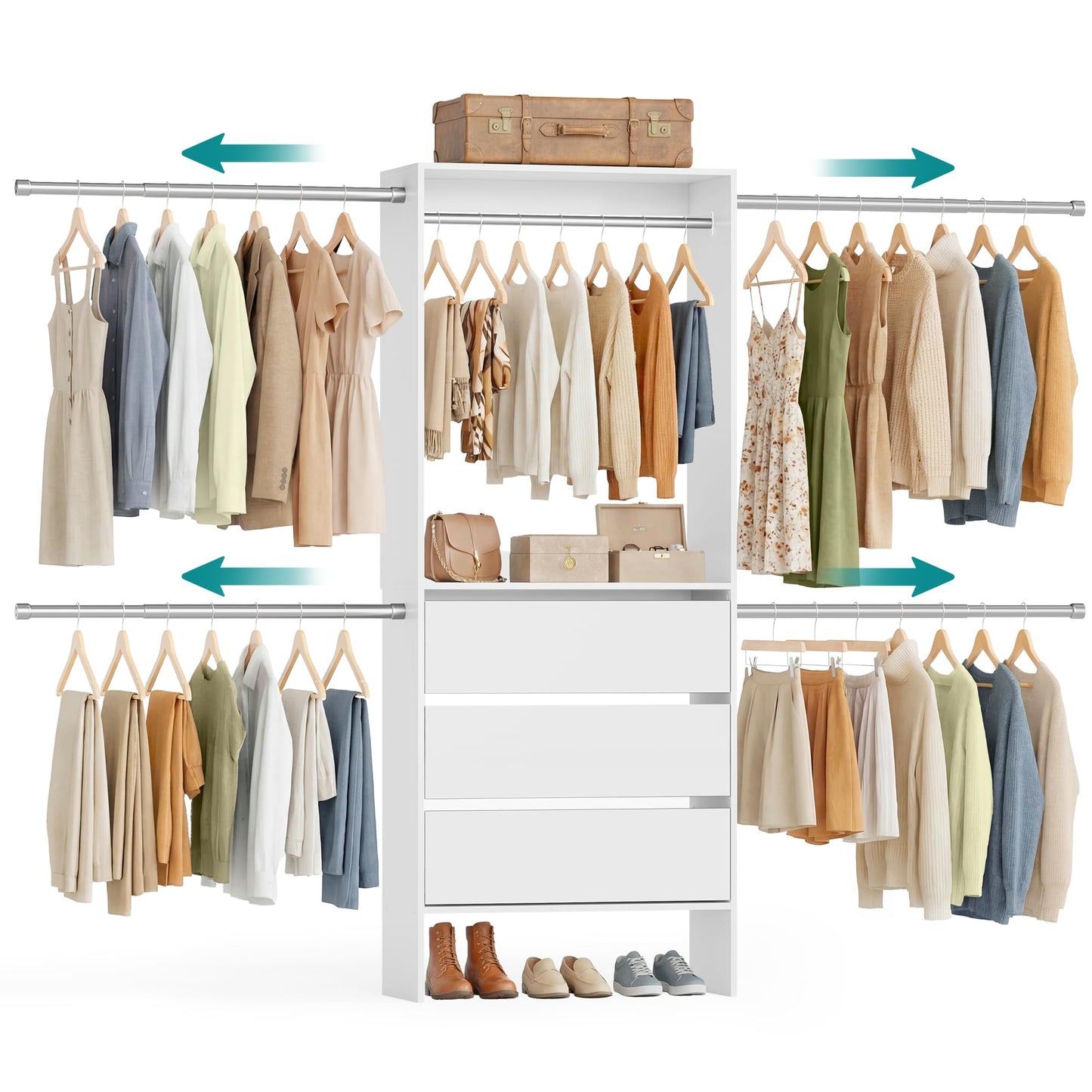 SONGMICS CUSTOS Collection - Closet System, Customizable Walk-In Closet Organizer System with Adjustable Hanging Rods and Drawers, White, Fits Spaces 6.5-10.2 ft URGR043WZ01S