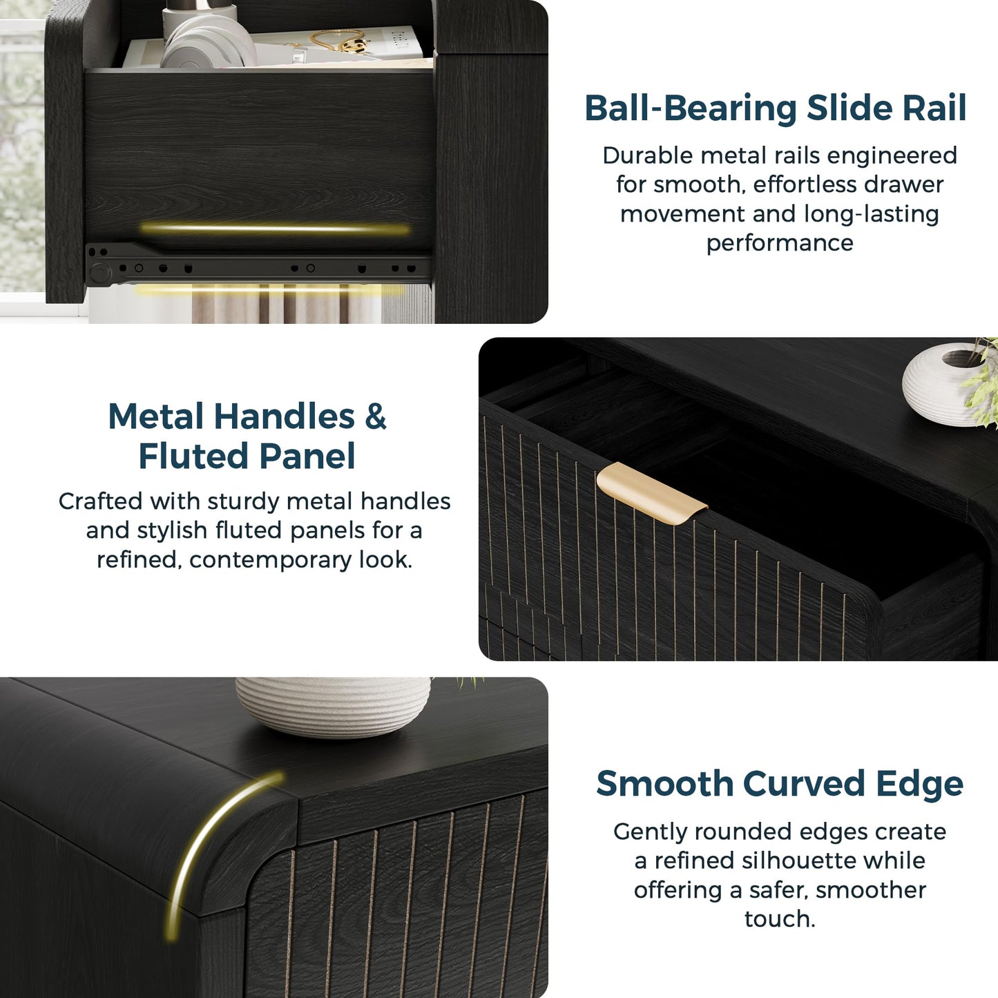 Jocoevol Modern 6 Drawer Dresser for Bedroom, 47" Wide Wood Dressers & Chests of Drawers Curved Profile Design, Mid Century Modern Fluted Dresser for Bedroom, Black Dresser