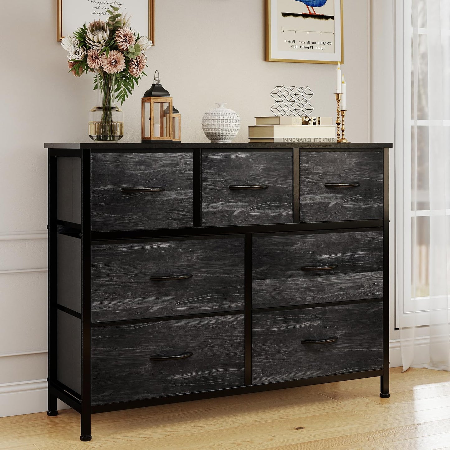 OLIXIS 7 Drawers Dresser for Bedroom, Fabric Storage Tower for Living Room, Entryway - Sturdy Steel Frame, Wooden Top and Easy Pull Fabric Bins, Closet Chests Organizer for Clothes,Black Wood Grain