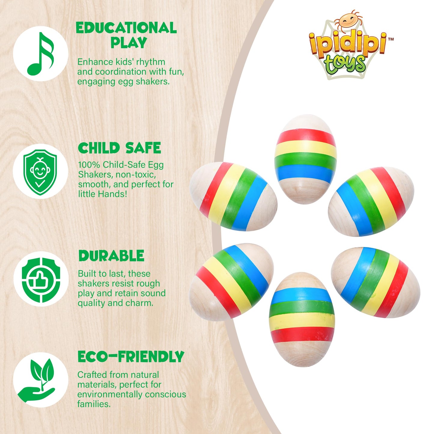 IPIDIPI TOYS Easter Egg Shakers Maracas for Kids – Pack of 6 Wooden Musical Instruments for Kids – Montessori Sound Toy – Party Pavors, Goodie Bag Fillers