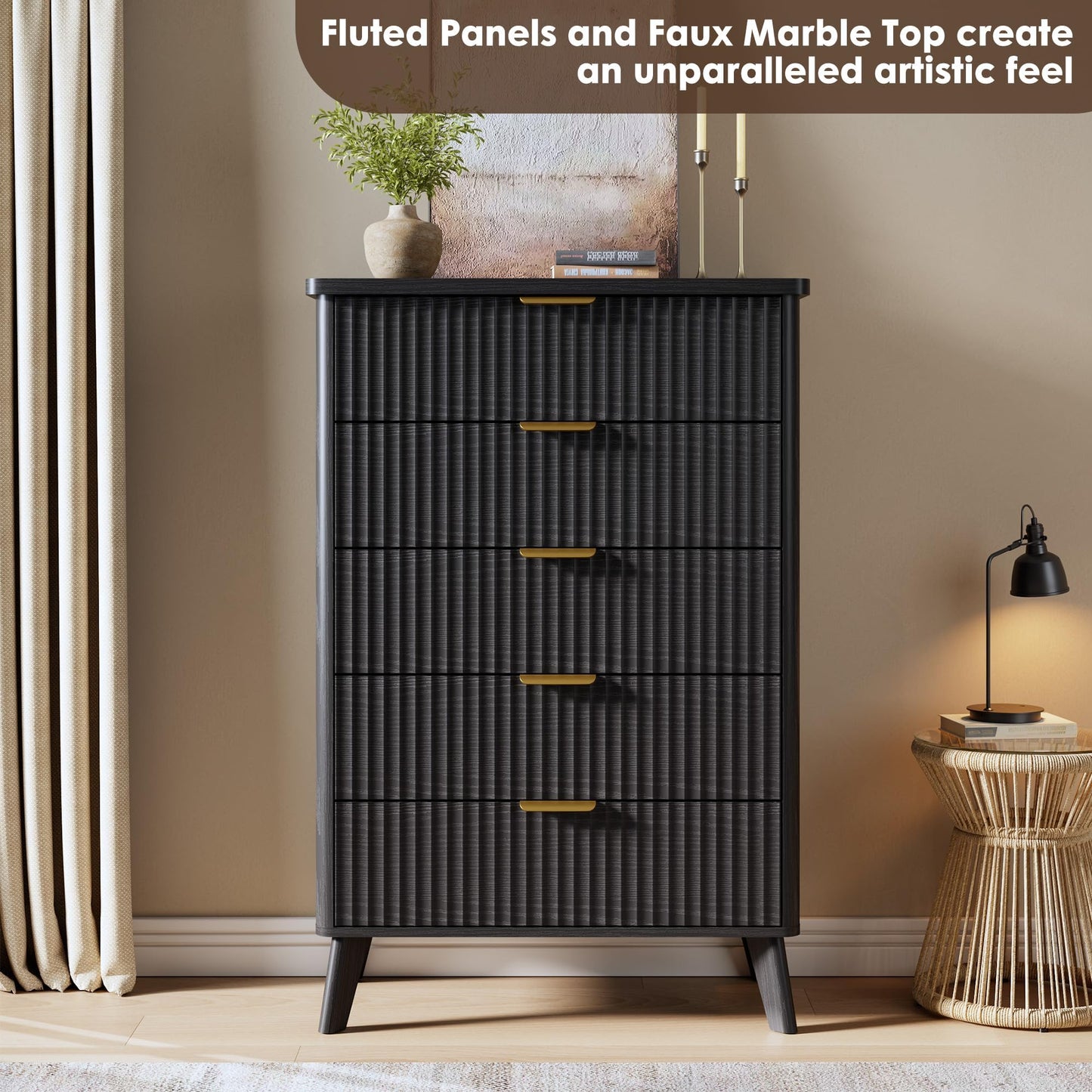 GarveeHome Fluted Dresser for Bedroom with 5 Deep Drawers, 47.2 in Tall Chest of Drawers, Curved Profile Design, Modern Wooden Dresser, for Living Room, Kids Room, Hallway, Black