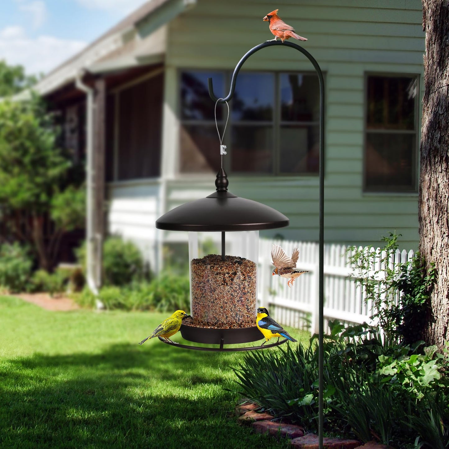 Metal Bird Feeder for Outdoors Hanging,3.0LB Seed Feeder,Easy to Fill & Clean,360° Feeding,Weatherproof Roof for Gardens and Wild Birds,Brown