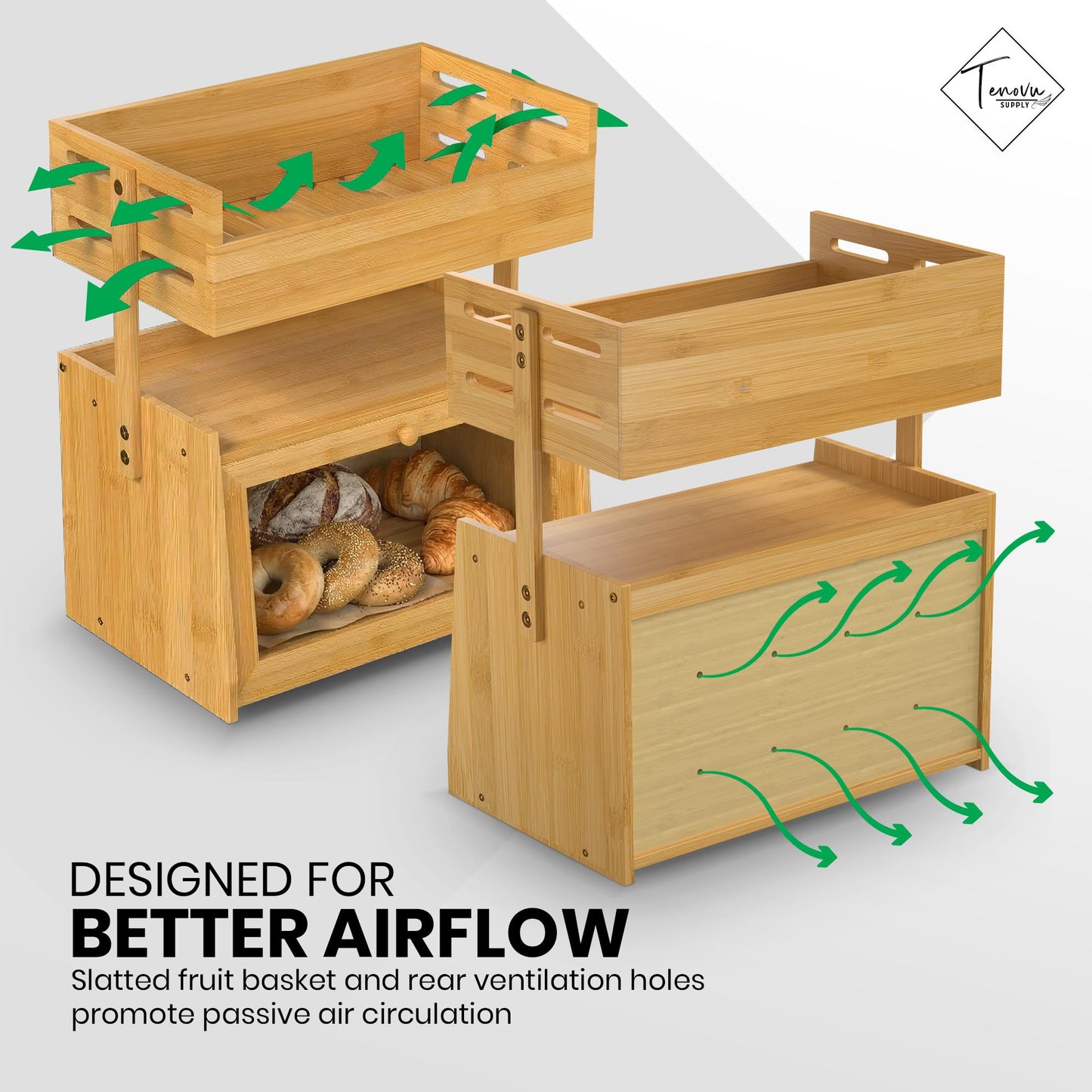 Bamboo Bread Box with Fruit Basket, 2-in-1 Kitchen Countertop Organizer