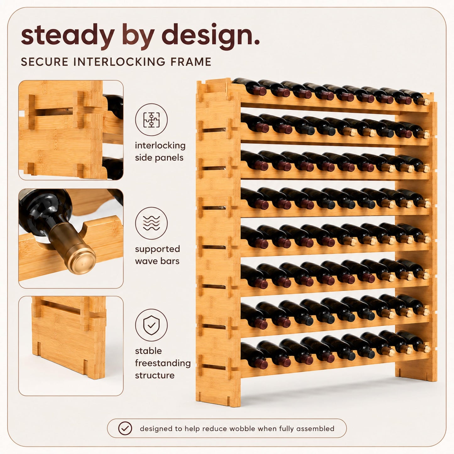 NutriChef 72 Bottle Stackable Bamboo Wine Rack, 8-Tier Modular Shelf