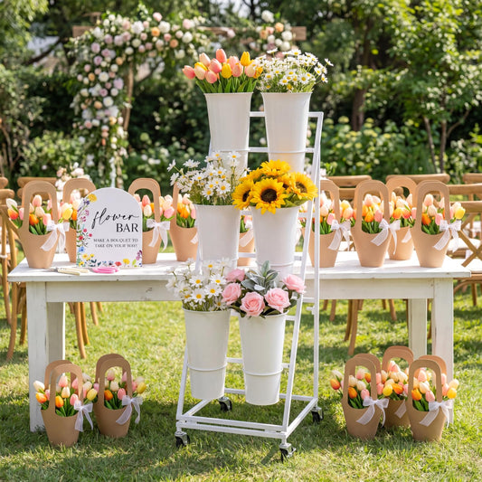 Ninehaoou 43 Pcs Flower Bar Buckets Kit Bloom Bar Supplies Flower Display Stand with 6 Bucket 1 Wood Sign 4 Scissors 30 Bouquet Wrapping Bags for Fresh off The Market Wedding Bridal Baby Shower(Small)