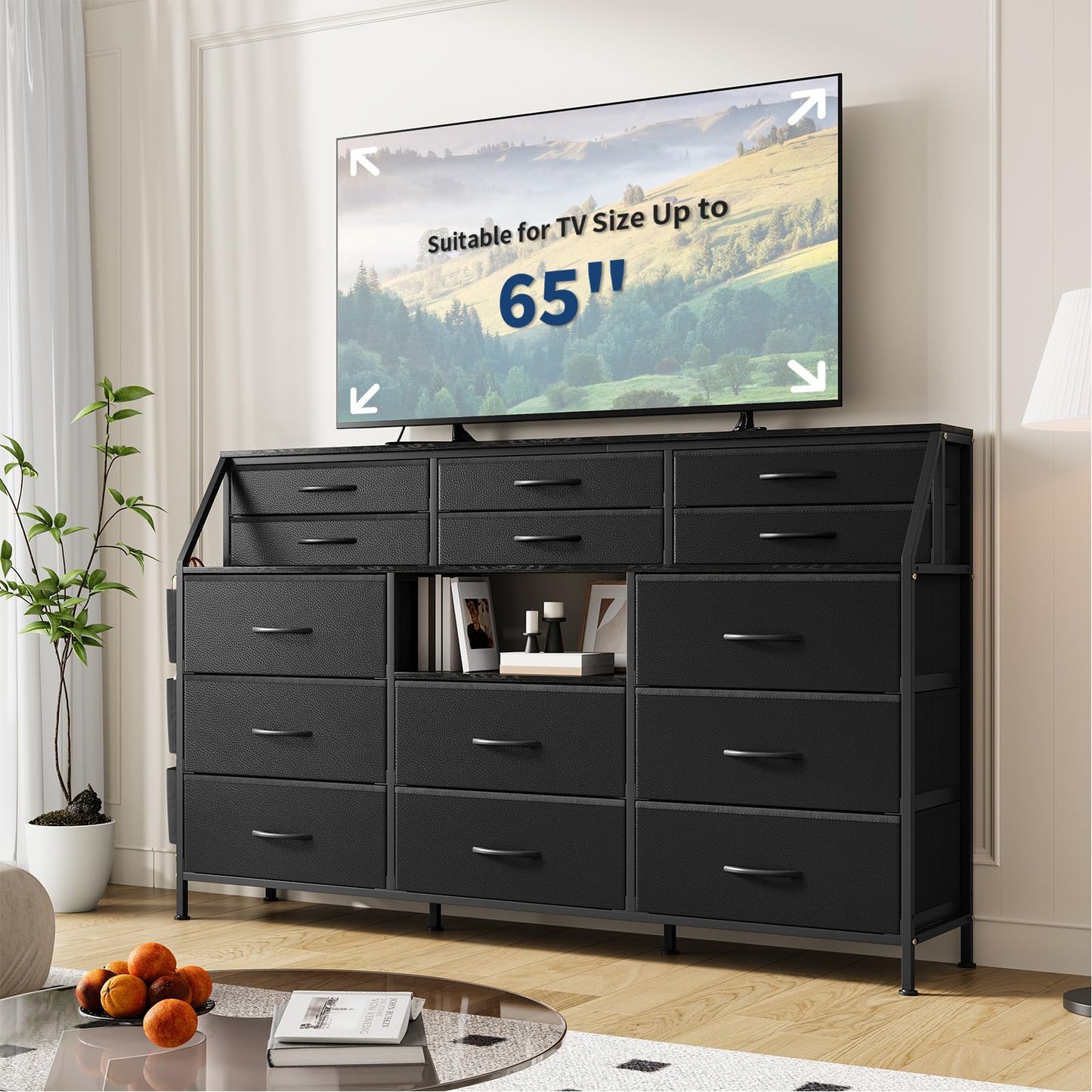 GarveeHome Dresser for Bedroom with 14 Drawers, 55 in W Dresser with Side Pocket, Fabric Dressers & Chests of Drawers with Shelves, Sturdy Frame, Wood Top
