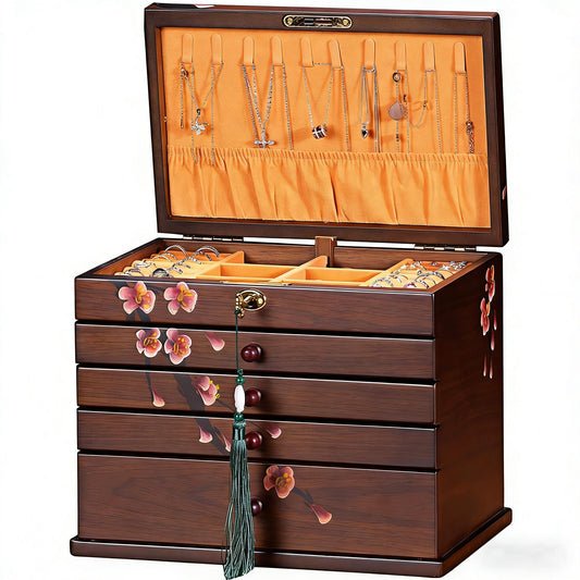 Xloverise Vintage Wooden Jewelry Boxes with Lock & Key - Hand-Painted Large Jewelry Organizer, 6-Layer jewelry organizers and storage, Rustic Tabletop Jewelry Storage Box for Women/Men