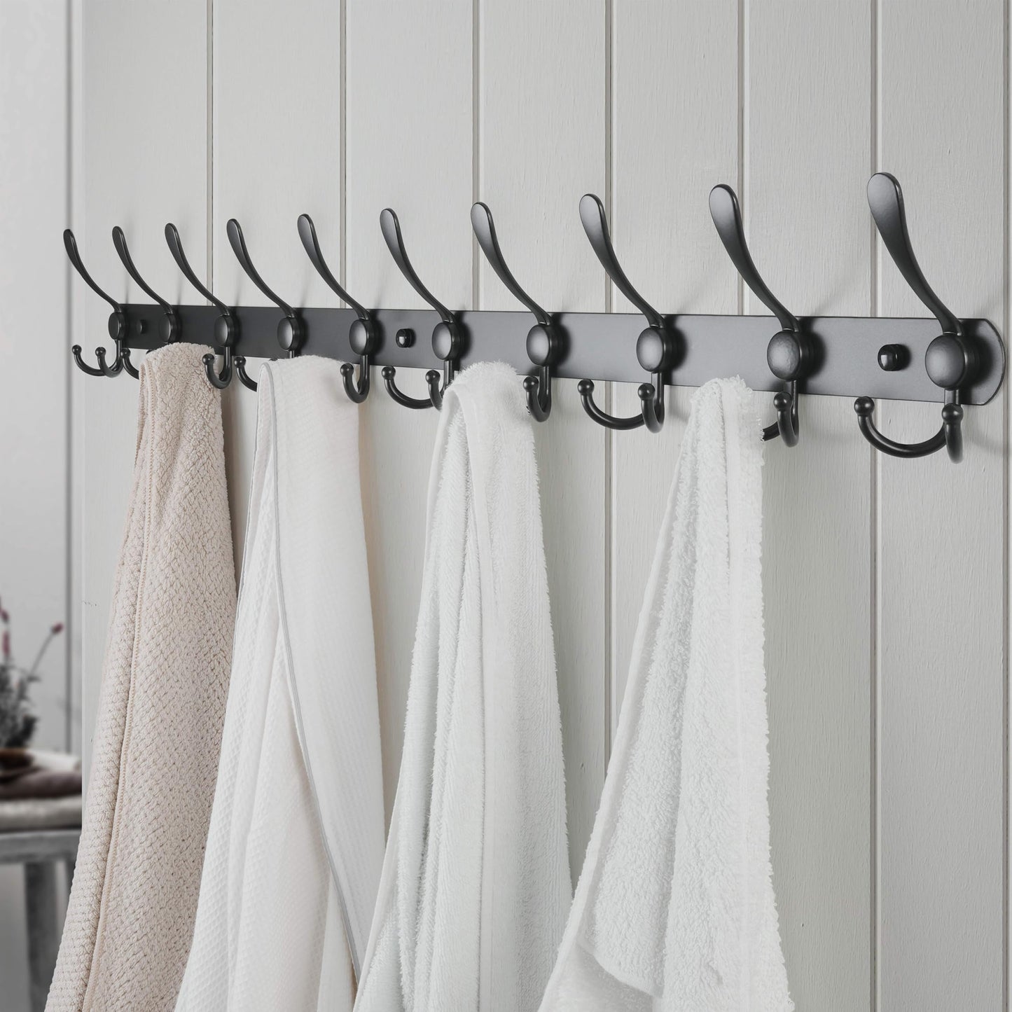 Dseap Coat Rack Wall Mount - 38” Long 10-Tri-Hooks Heavy Duty Coat Hanger Rail Wall Hooks for Hanging Coats Hats Clothing Clothes Purse Mudroom Entryway, Black