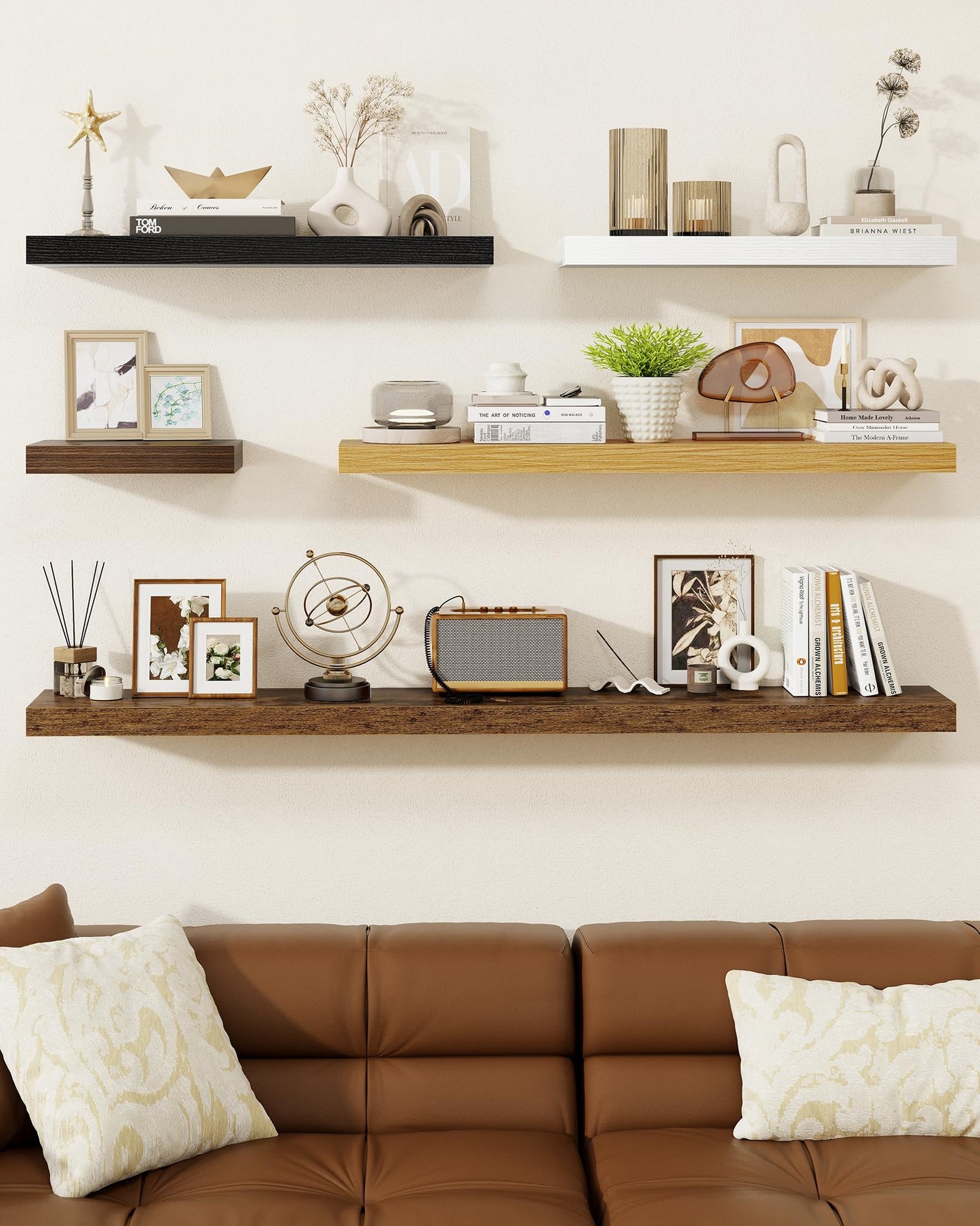 Marsmiles 72" Floating Shelves for Wall, Wooden Shelves with Invisible Brackets Set of 2, Rustic Farmhouse Wall Mounted Shelf for Kitchen Bathroom Living Room Study, Walnut