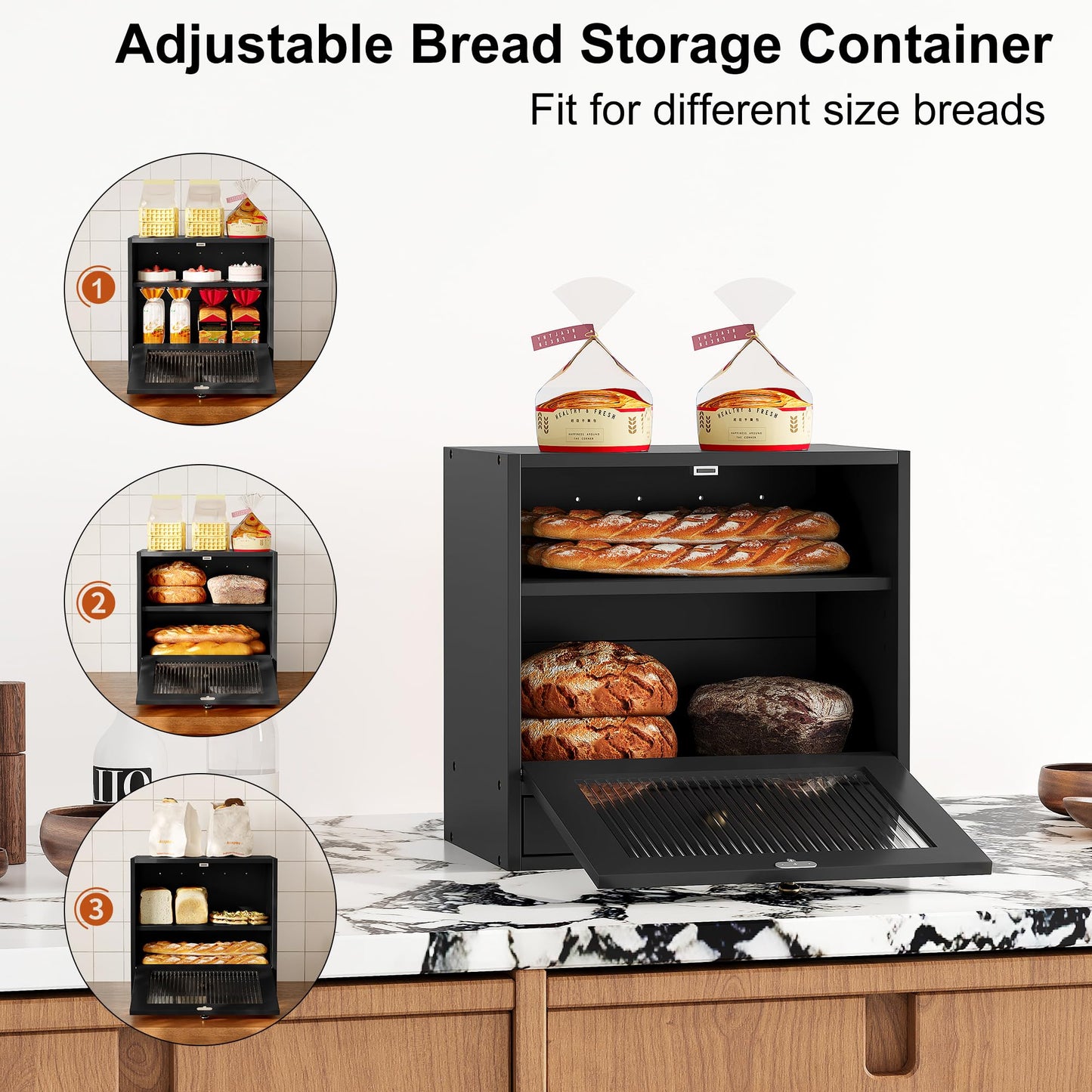 Alpeir Wooden Bread Box for Kitchen Countertop, Large Capacity with Ventilation Holes Adjustable Tiered-Shelf, Vintage Farmhouse Breadbox with Drawer & Window, Longer Freshness, Black