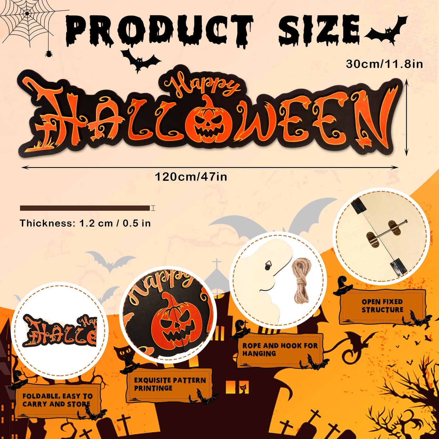 Yousoontic Large Gothic Happy Halloween Wooden Yard Sign Giant Black Orange Trick or Treat Porch Signs Wall Decor for Fence Garage Outdoor Backdrop Props(47.2 x 11.8 Inch)