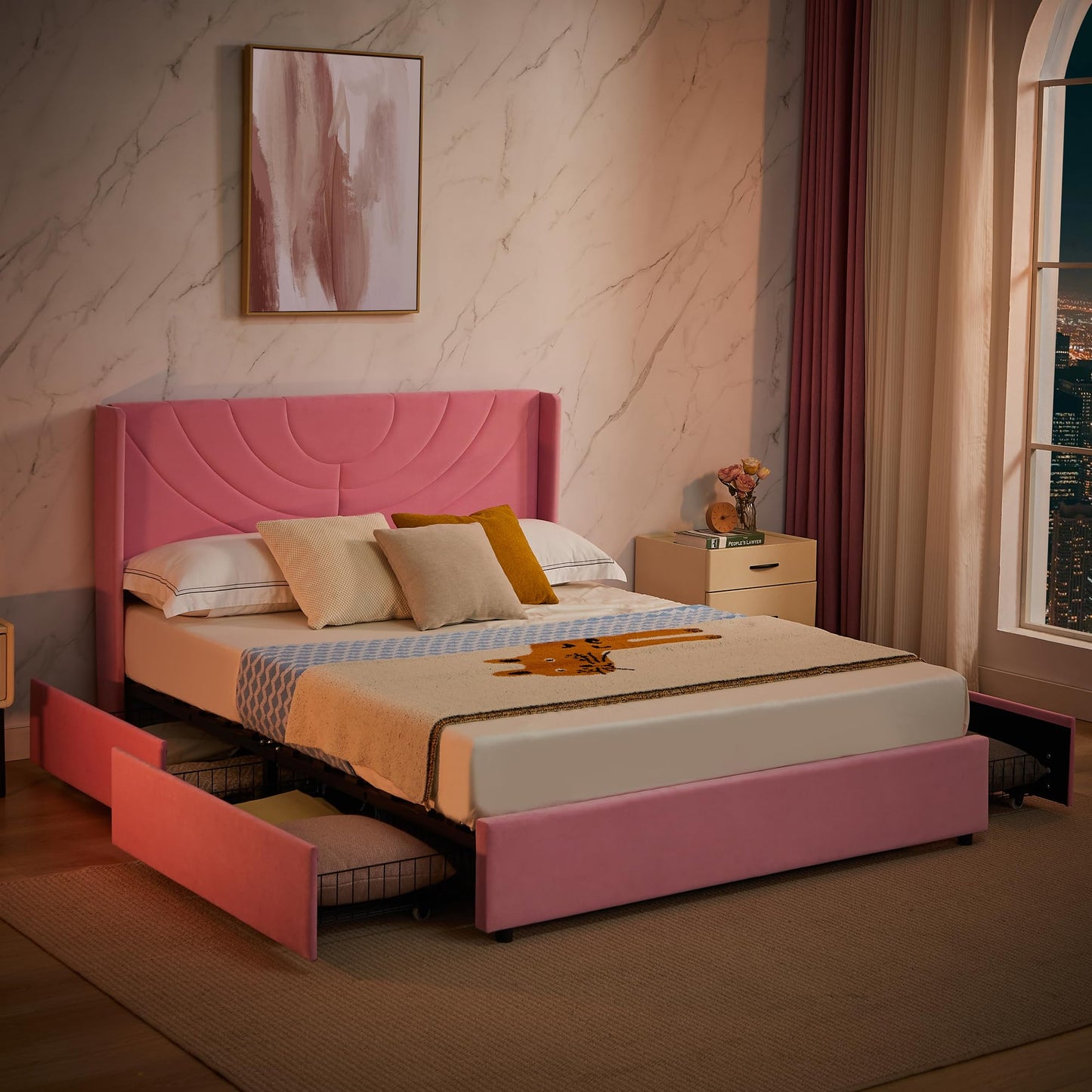 VECELO Upholstered Platform Full Bed Frame with 4 Storage Drawers & Wave Fabric Headboard,Wooden Slats Support/No Box Spring Needed/Mattress Foundation,Pink