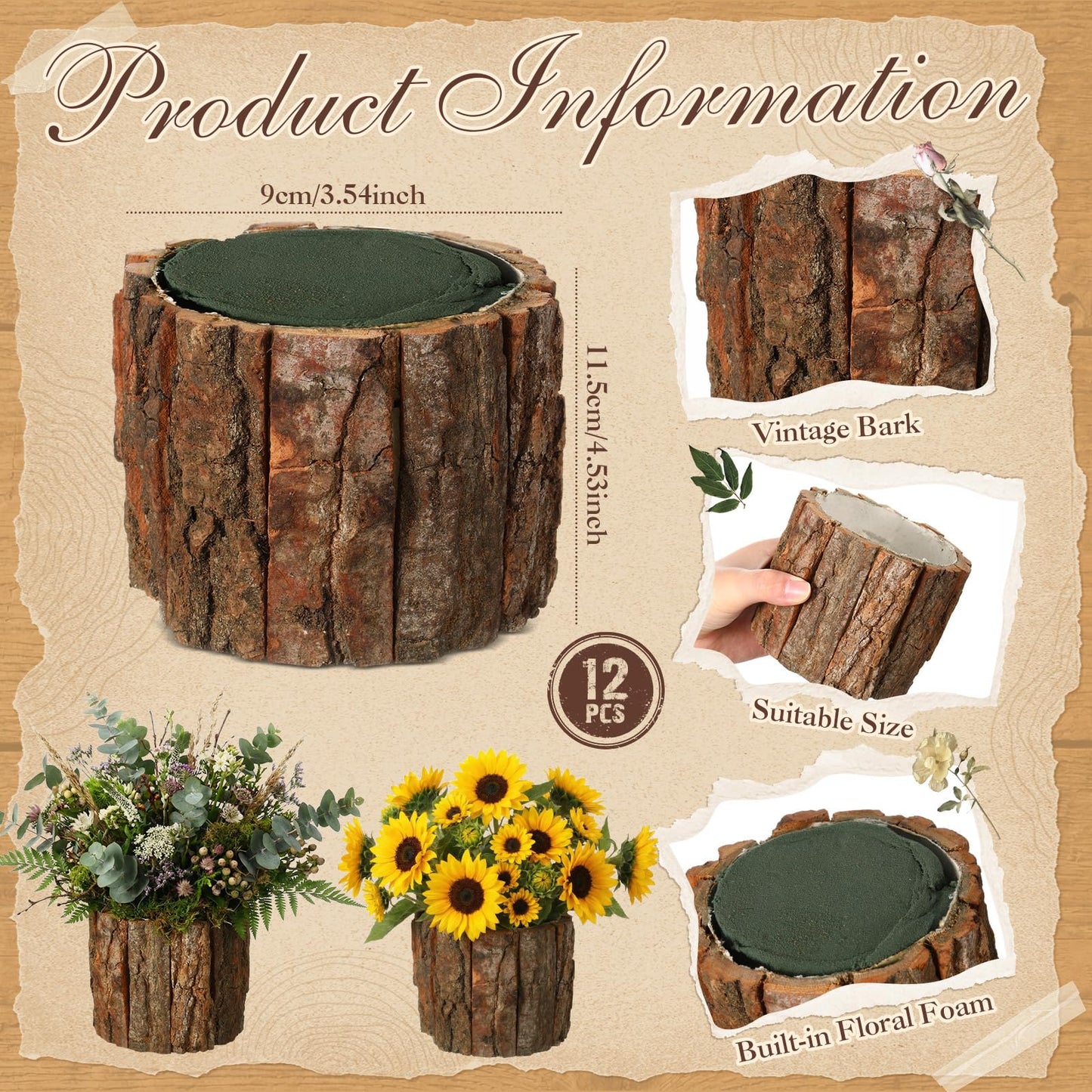 RimCereal 12 Set Wooden Vase for Centerpieces Wedding Flower Table Centerpieces Decor Rustic Bark Stump Bucket Farmhouse Wood Planter Pot for Woodland Party Window Home (Flower Foam,Medium)