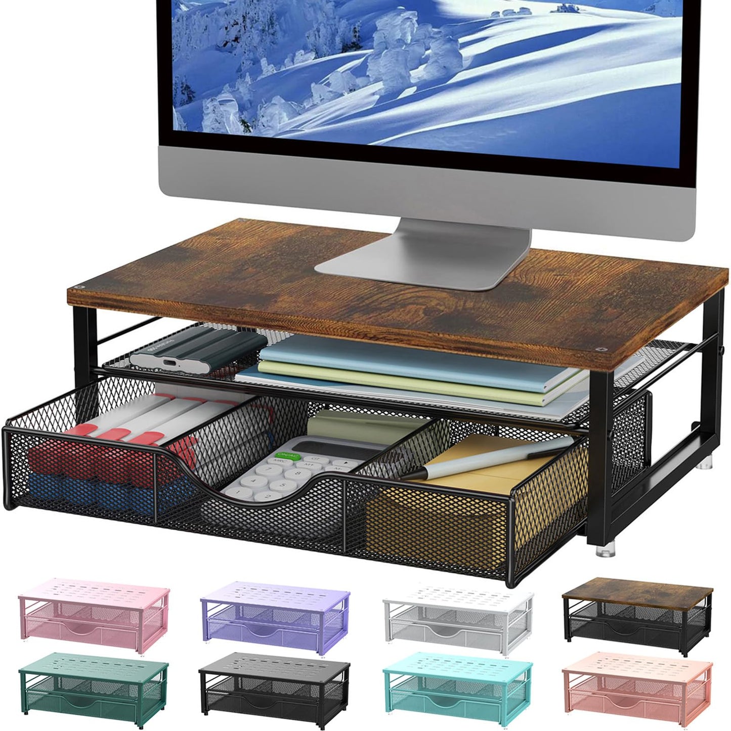 gianotter Computer Monitor Stand Riser, office organizer with Drawer, Office Organizers Storage for Classroom Office Supplies (Wood)