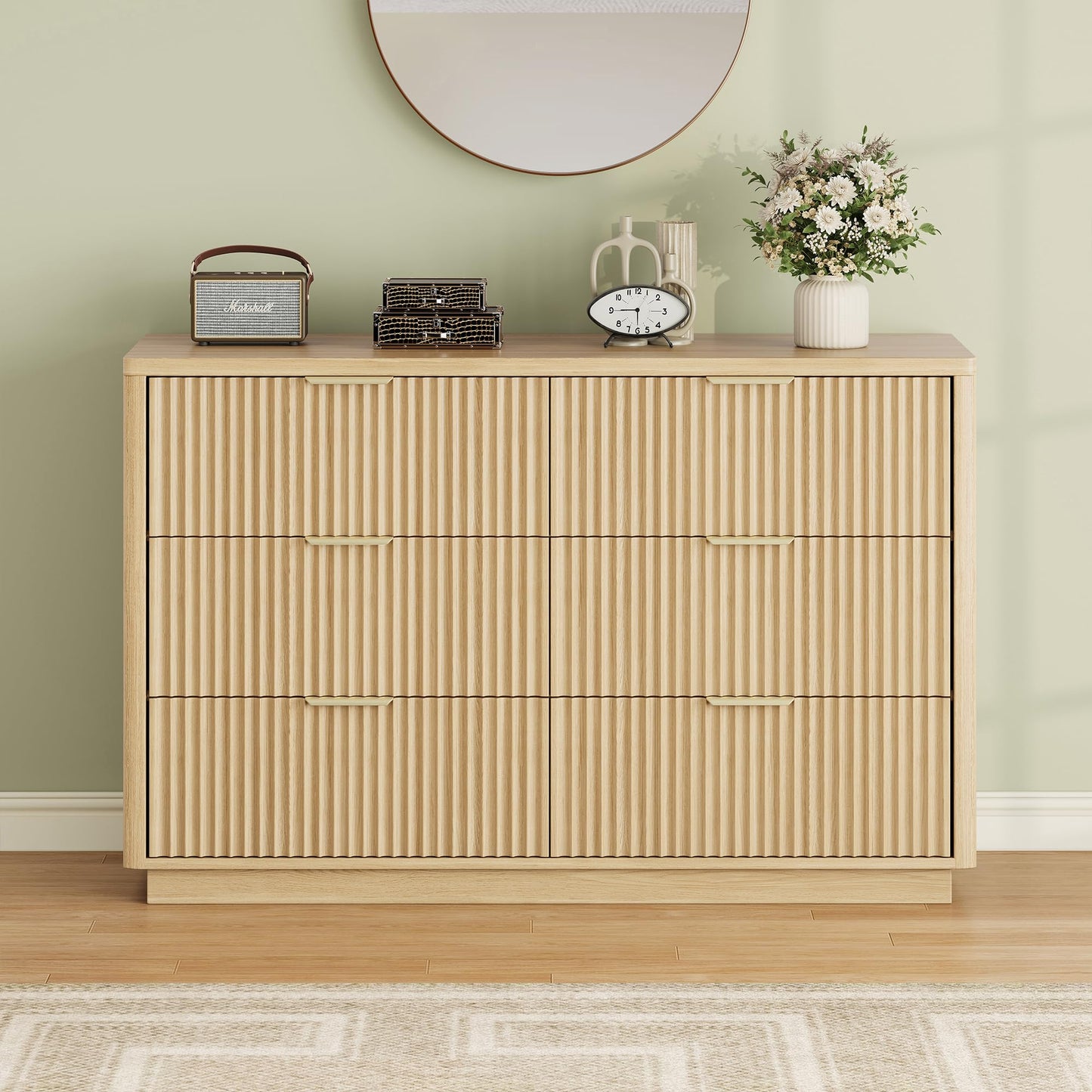 Ball & Cast Fluted Dresser for Bedroom with 6 Drawers,47" W Modern Chest of Drawers with Metal Handles,Wood Dresser TV Stand,Closet Dresser Drawers Organizer for Living Room,Hallway,Natural Oak