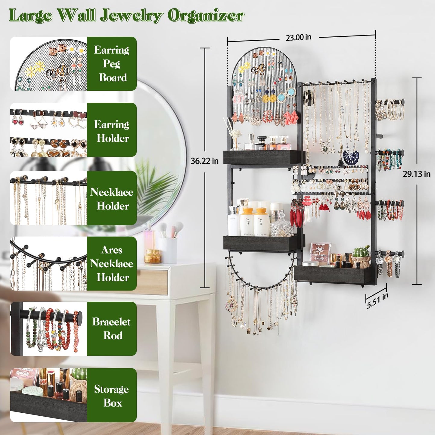 Keebofly Wall Mount Hanging Jewelry Organizer - Large Display Holder for Earrings, Rings, Necklaces, Bracelets, Watches and Perfume - Black