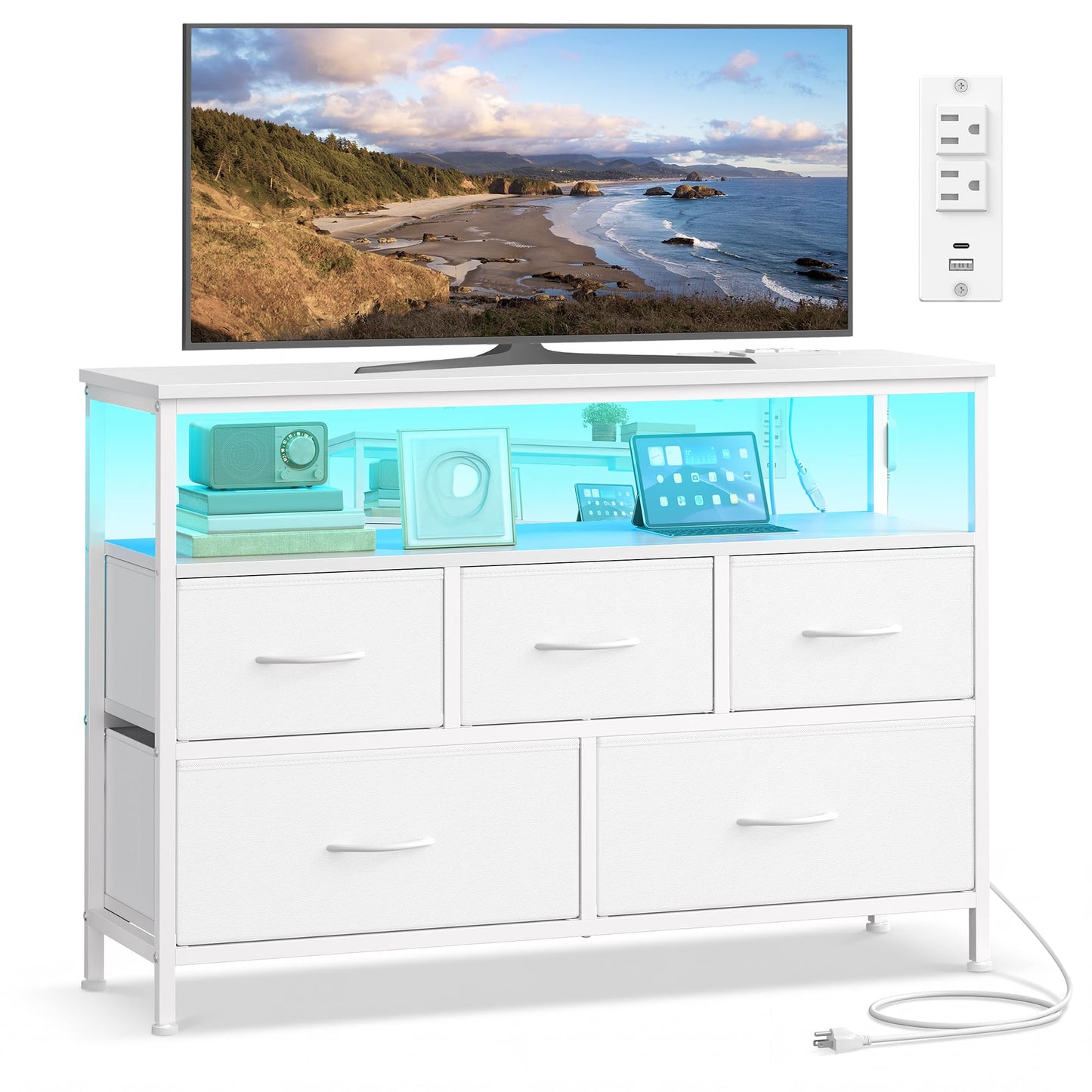 SONGMICS BELLAH Collection - Dresser for Bedroom with App-Controlled LED Lights and Charging Station, Chest of Drawers, TV Stand, 5 Drawers, Shelf, Modern, Cloud White ULGS723WH05S