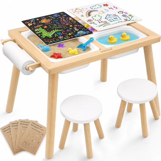 Easyego Toddler Sensory Table & Chair Set – Educational Kids Table for Sand and Water Play with Foldable Storage Bins, Ideal Gift for Children - Wood Color