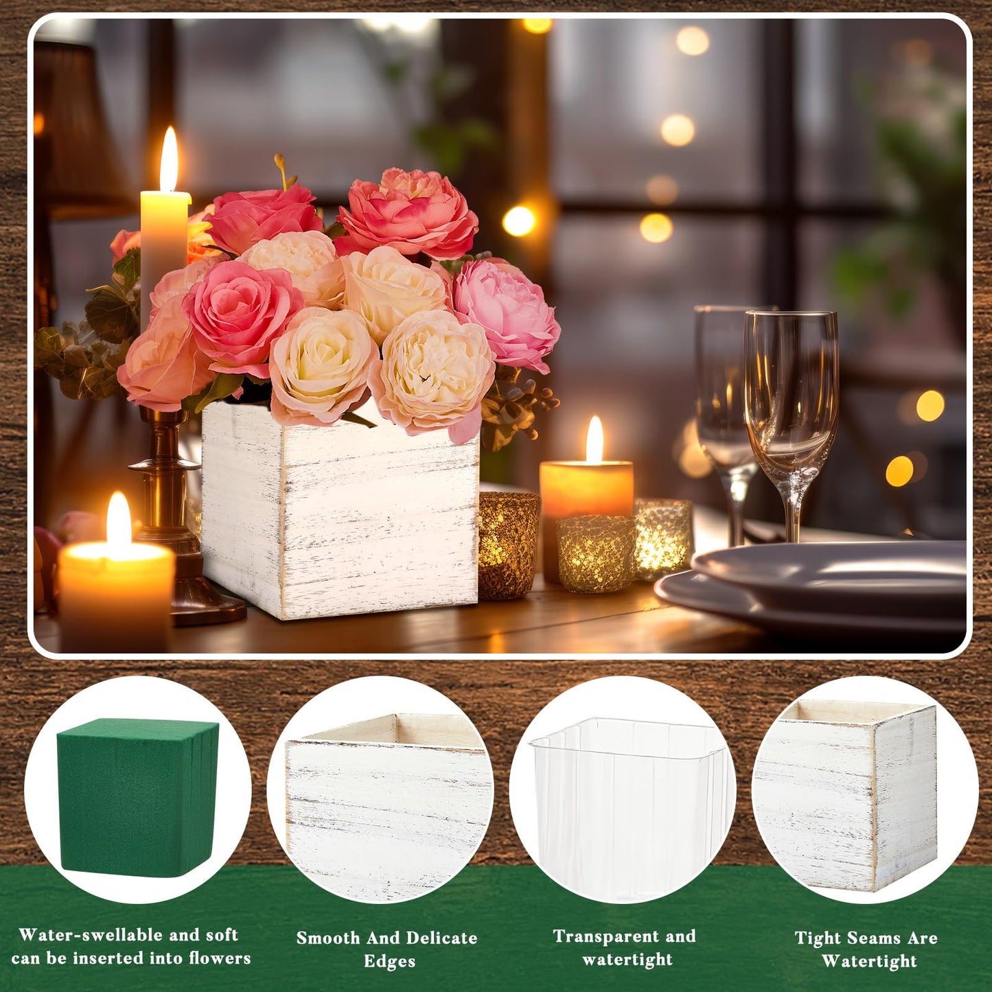 Dandat 4 Sets 4 Inch Wooden Cube Planter Boxes for Centerpiece Flower White Wood Rustic Square Vase with Removable Plastic Liner Floral Foam Block for Garden Wedding Home Arrangement Decor