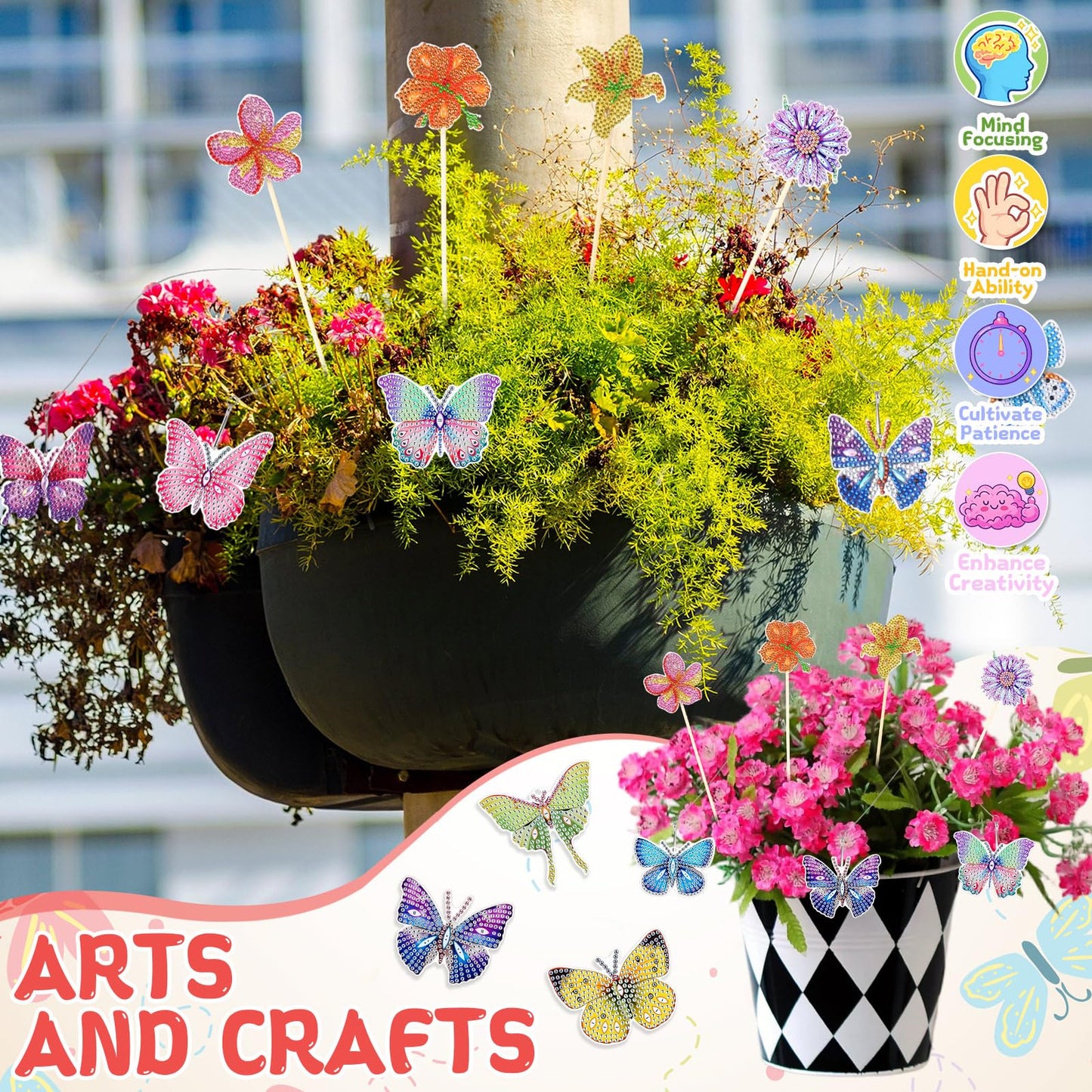 Fullhawl 16 Pcs Butterfly Flower Diamond Painting Kits 5d DIY Diamond Art Kits Garden Stakes Decor Craft with Metal and Wooden Swaying Sticks for Adults Indoor Outdoor Yard