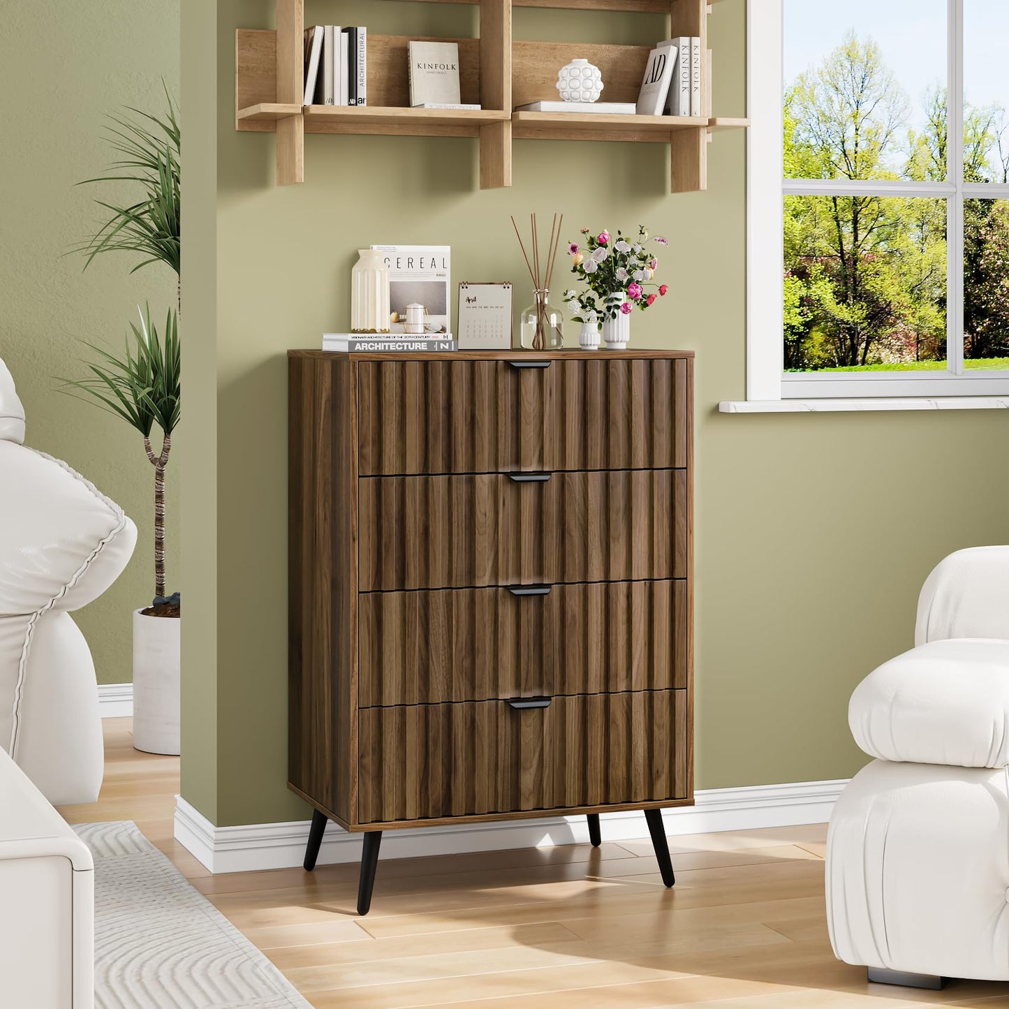 Mino Kesper Walnut Fluted 4 Drawers Dresser for Bedroom, Chest of Drawers with Metal Wide Handle, Wooden Dresser for Closet, Bedroom, Living Room, 23.6" x 14.9"D x 30.7" H