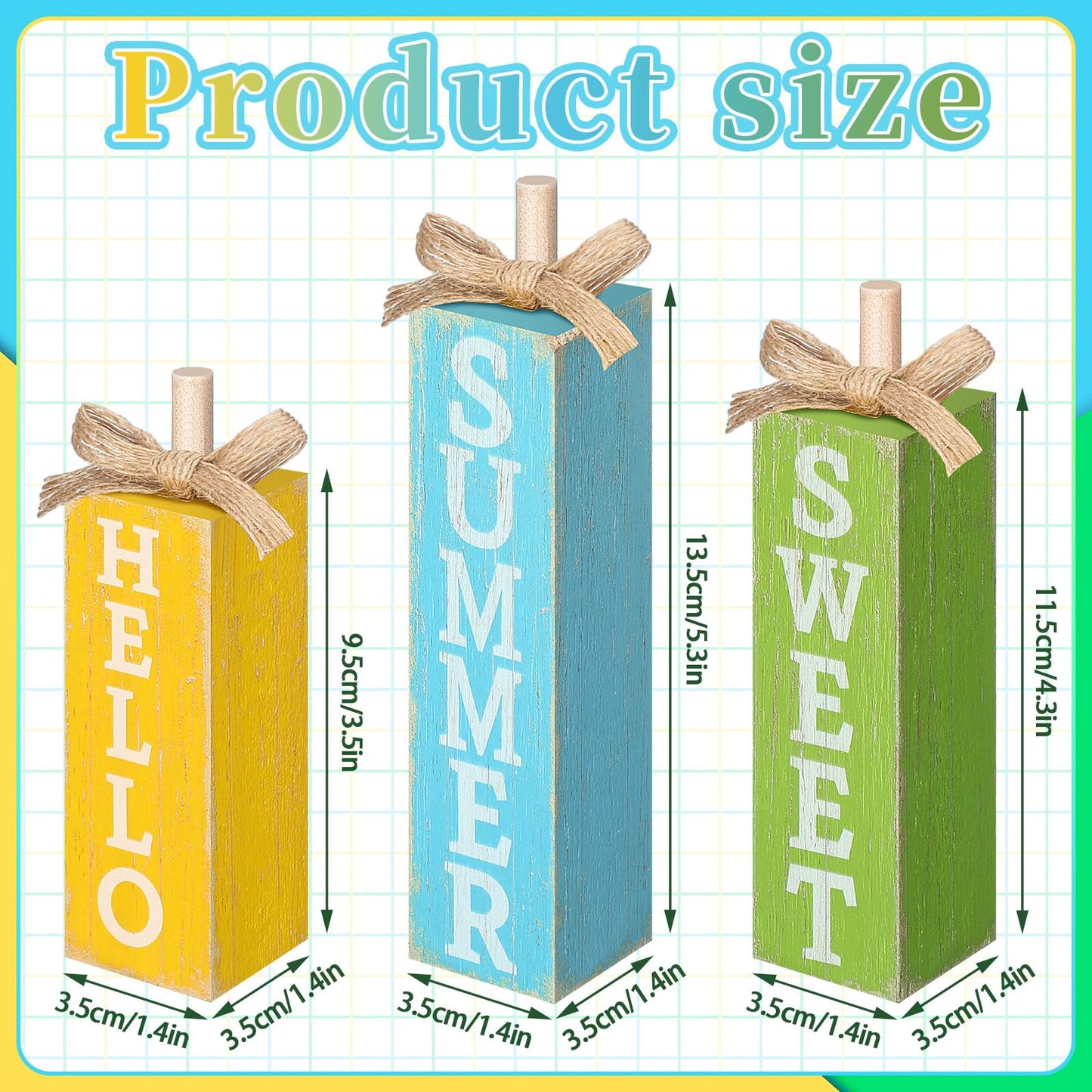 Seeloowy 3 Pcs Hello Sweet Summer Table Block Signs Rustic Farmhouse Wood Lemon Centerpiece Blue Yellow Green Hello Summer Decorations for Tiered Tray Decor Home Office Kitchen Mantel Shelf Indoor