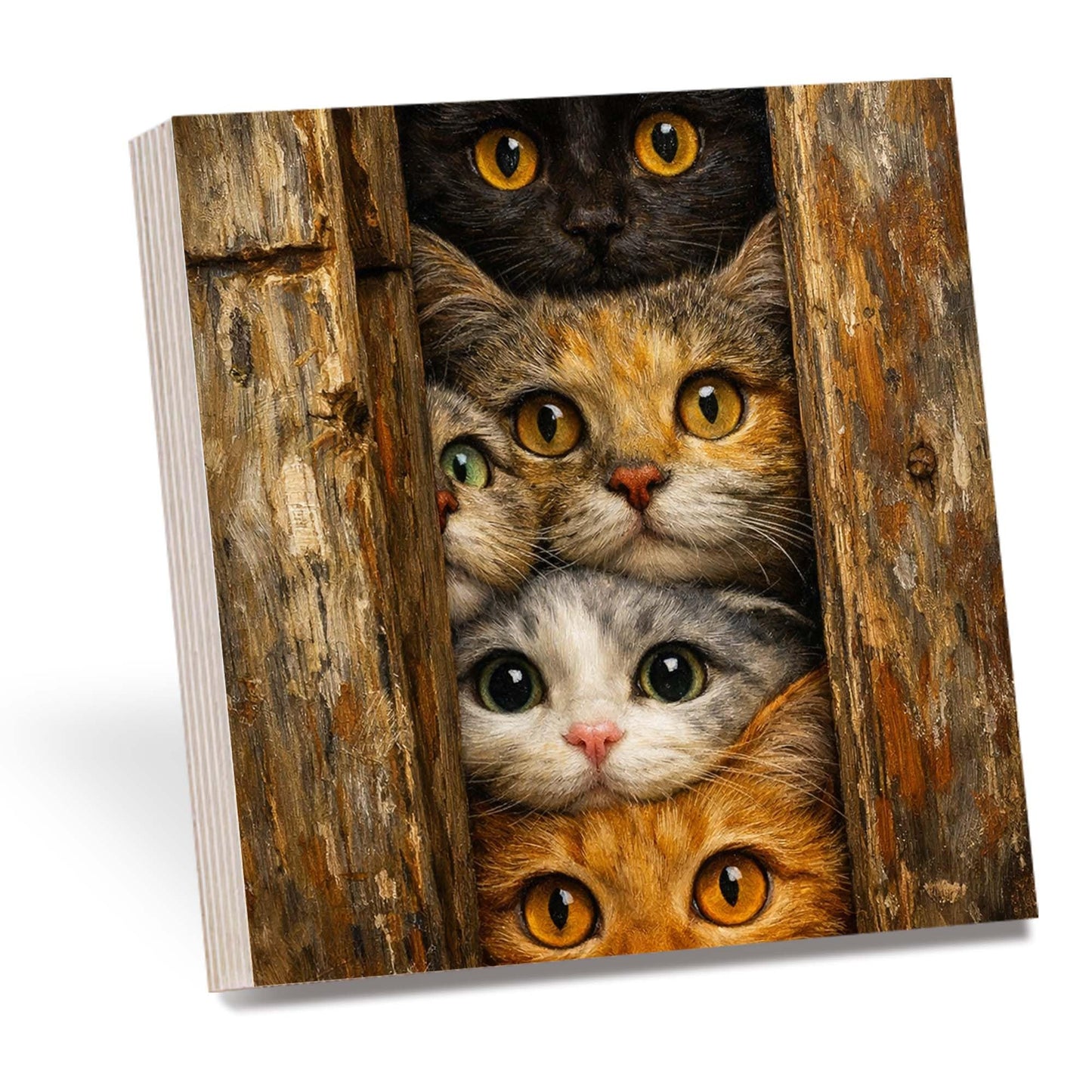Curious Cats Wooden Block Sign, Cute Cat Art Wood Decor, Playful Animal Shelf Sitter Home Table Mantel Tiered Tray Accent, Unique Gift for Cat Lovers
