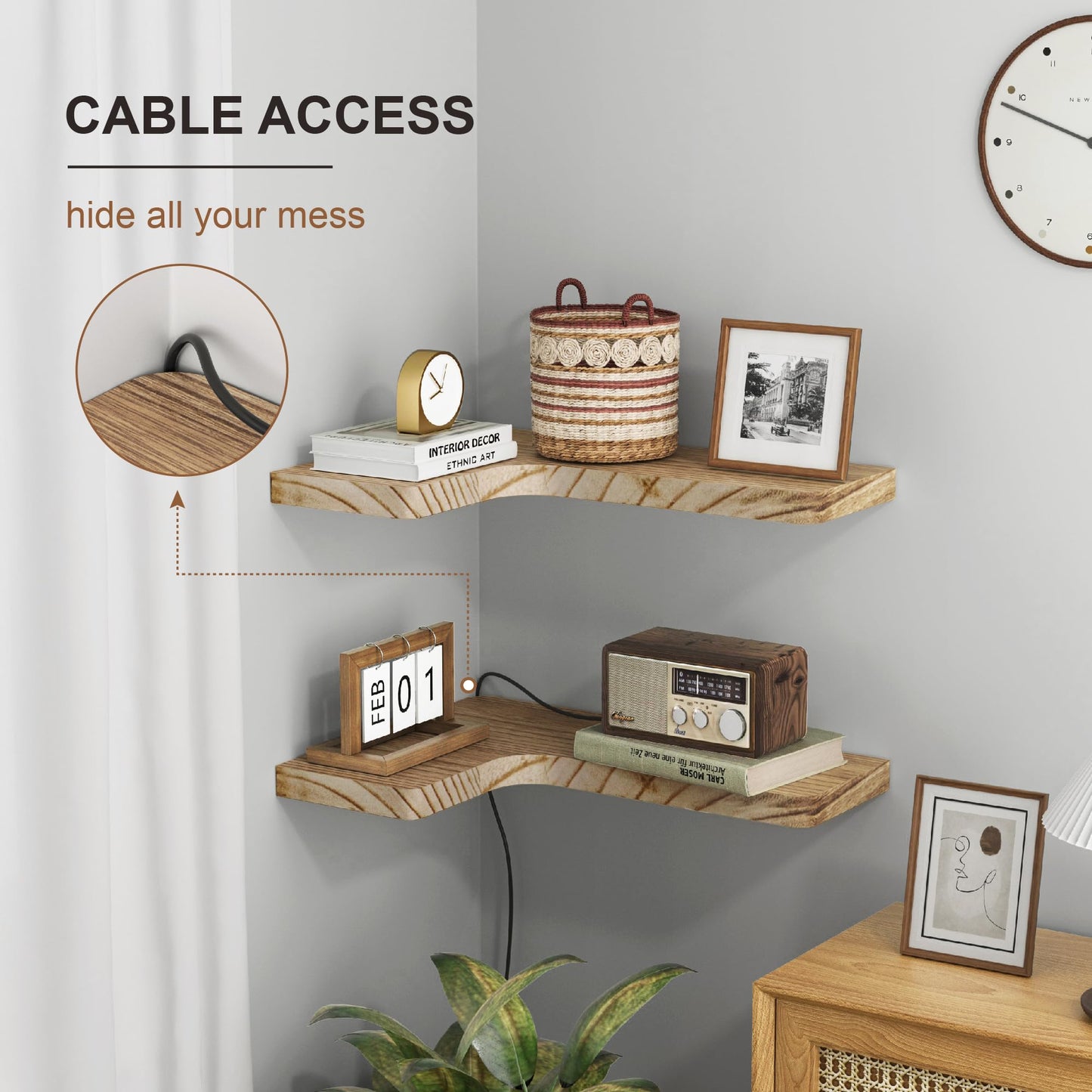 fuqing Floating Corner Shelves, Wall Shelf Set of 3, Shelves for Wall Storage, Solid Wood Shelves for Storage, Wall Mount Wooden Display Shelf for Bathroom Bedroom Kitchen Garage, Carbonized Black