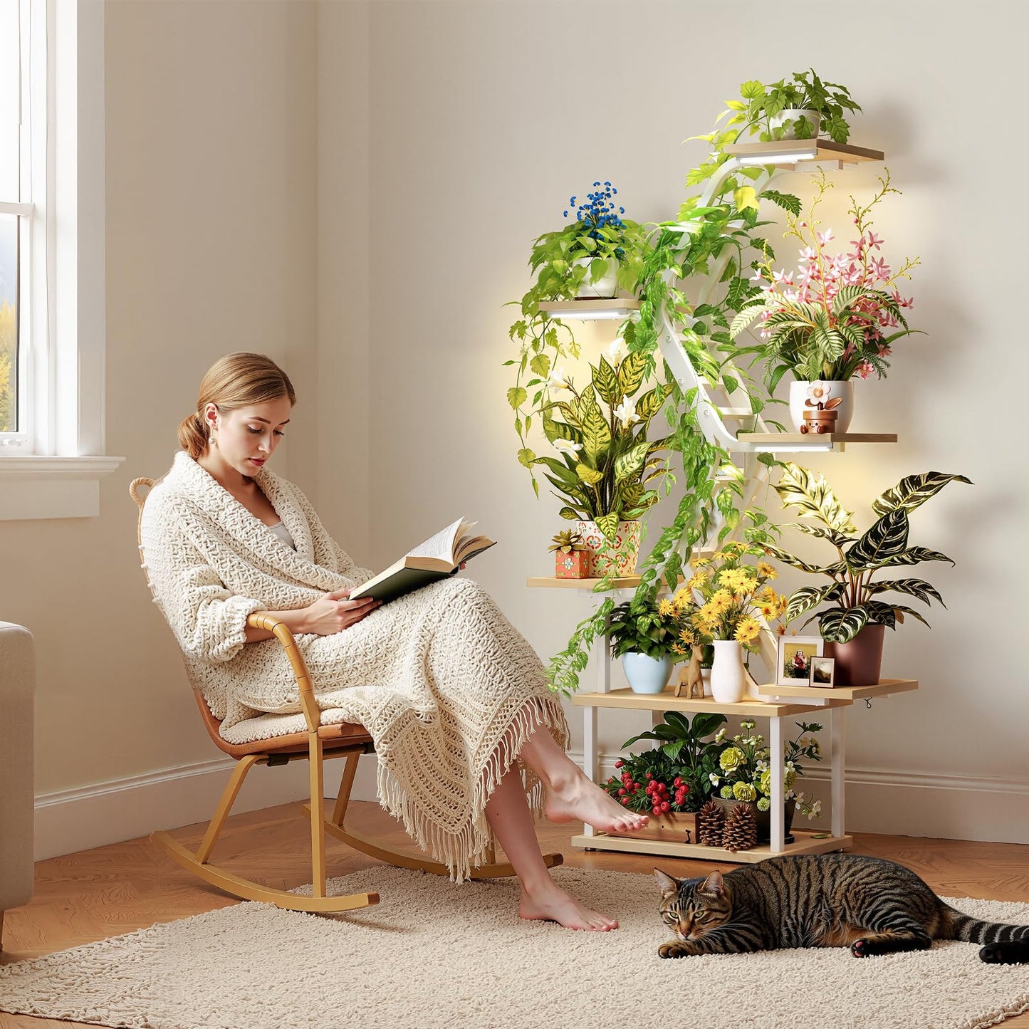 MemoCastle White Plant Shelves with Grow Lights: 7-Tier 65" Tall Modern Plant Stand for Indoor Corners, Living Room Display or Bedroom Gardening Rack