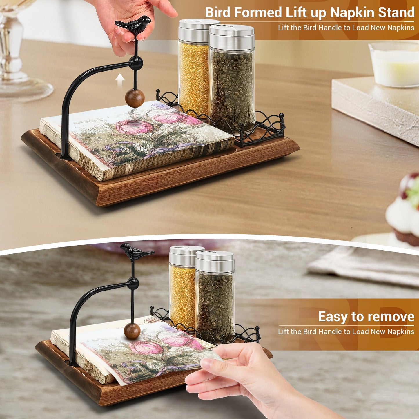 Elegant Flat Wooden Napkin Holder with Bird Design, Multifunctional Napkin Holder for Table, Kitchen, Outdoor Use Walnut Brown Wood Base Includes Space for Salt and Pepper Shakers