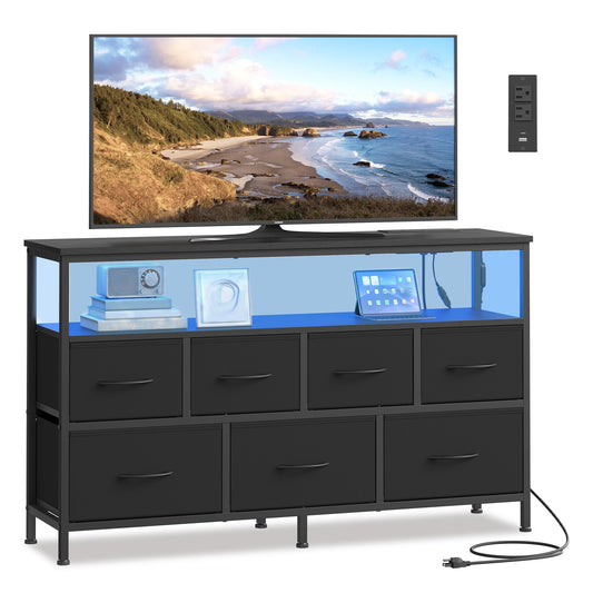 SONGMICS BELLAH Collection - Dresser for Bedroom with App-Controlled LED Lights and Charging Station, Chest of Drawers, TV Stand, 7 Drawers, Shelf, Modern, Ink Black ULGS733BH02S