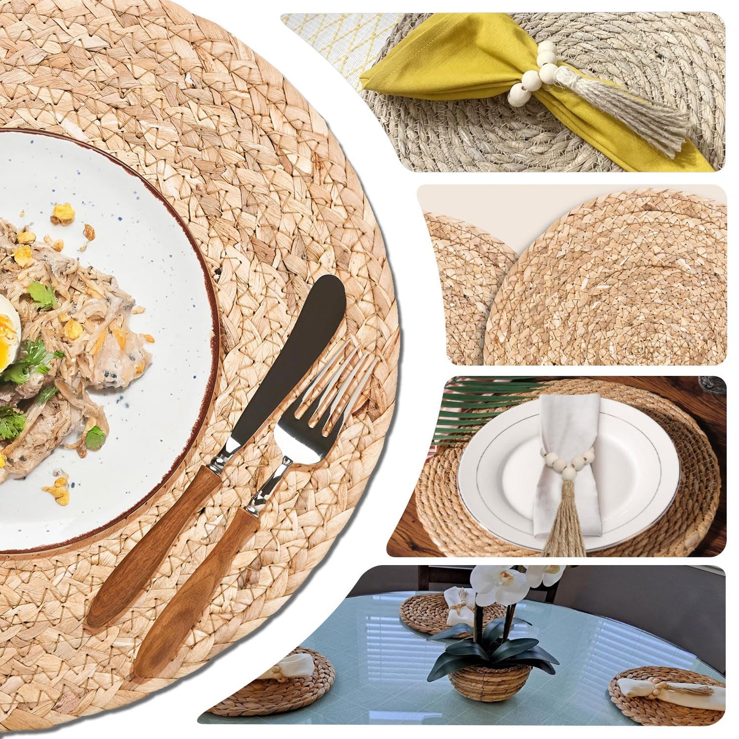 LIANJINGDENG Woven Placemats Set of 6, 13.8 Inch Round Natural Water Hyacinth Rattan Placemats with Wooden Beads Napkin Rings for Farmhouse Dining Table Decor, Thanksgiving Halloween Christmas