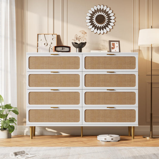 GarveeHome Rattan 8 Drawer Dressers for Bedroom, Tall Dresser with Deep Drawers, Large Chest of Drawers for Closet with Wide Top, Long Wooden Dresser for Living Room, Hallway, Kids Room, White