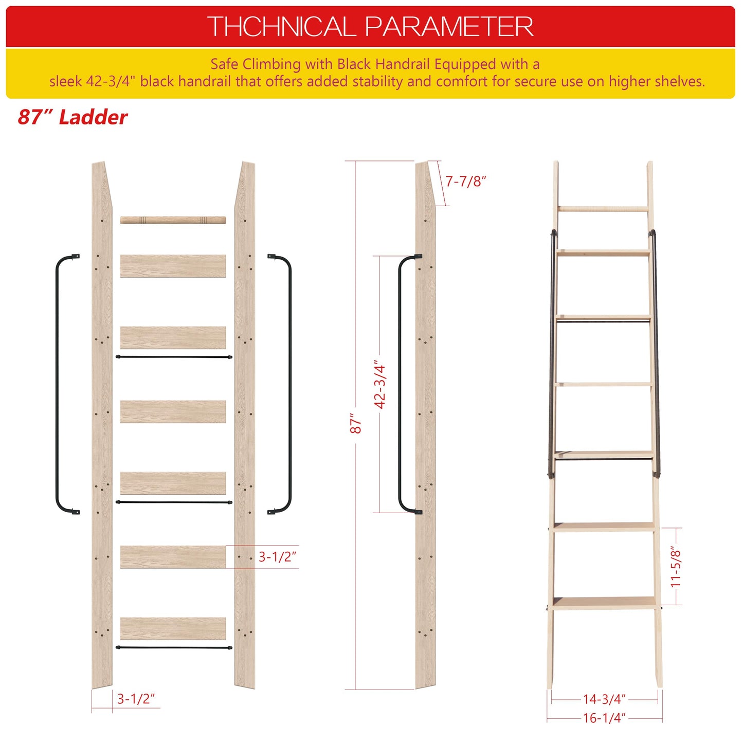 104RDHOUSE 87in Attic Rolling Library Ladder, 7 Step Wooden Ladder with,Ladder Bookshelf,Wall Stairs Red Oak Stair Platform Bunkbed Ladder,for Home Kitchen,Warehouses,Bookstore,DIY Stain