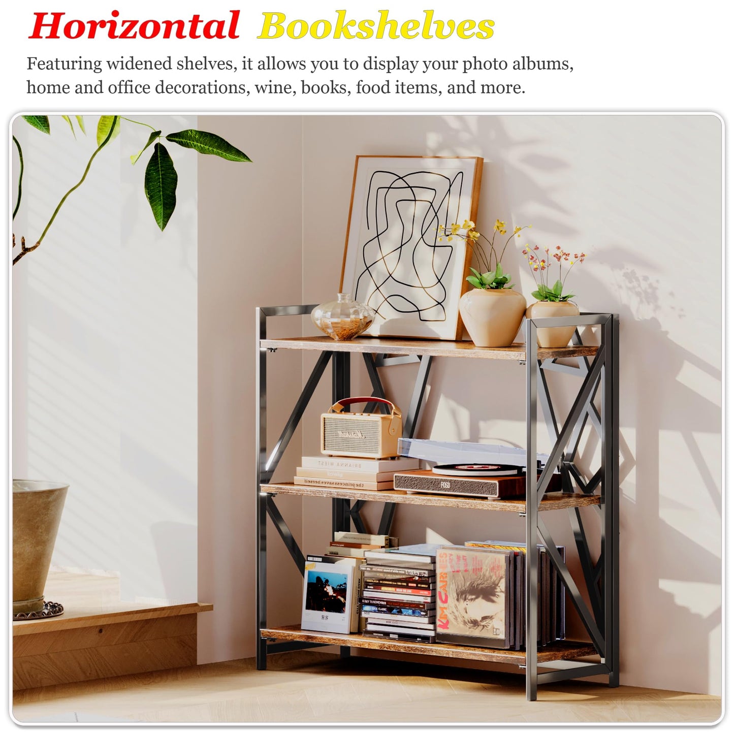 UDD No Assembly Wide Folding Bookshelf, 34" H x 30.9" W, 3 Tier Foldable Book Shelf Industrial Bookcase, Vintage Collapsible Storage Shelves for Home Office Living Room Bedroom, Rustic Brown Black