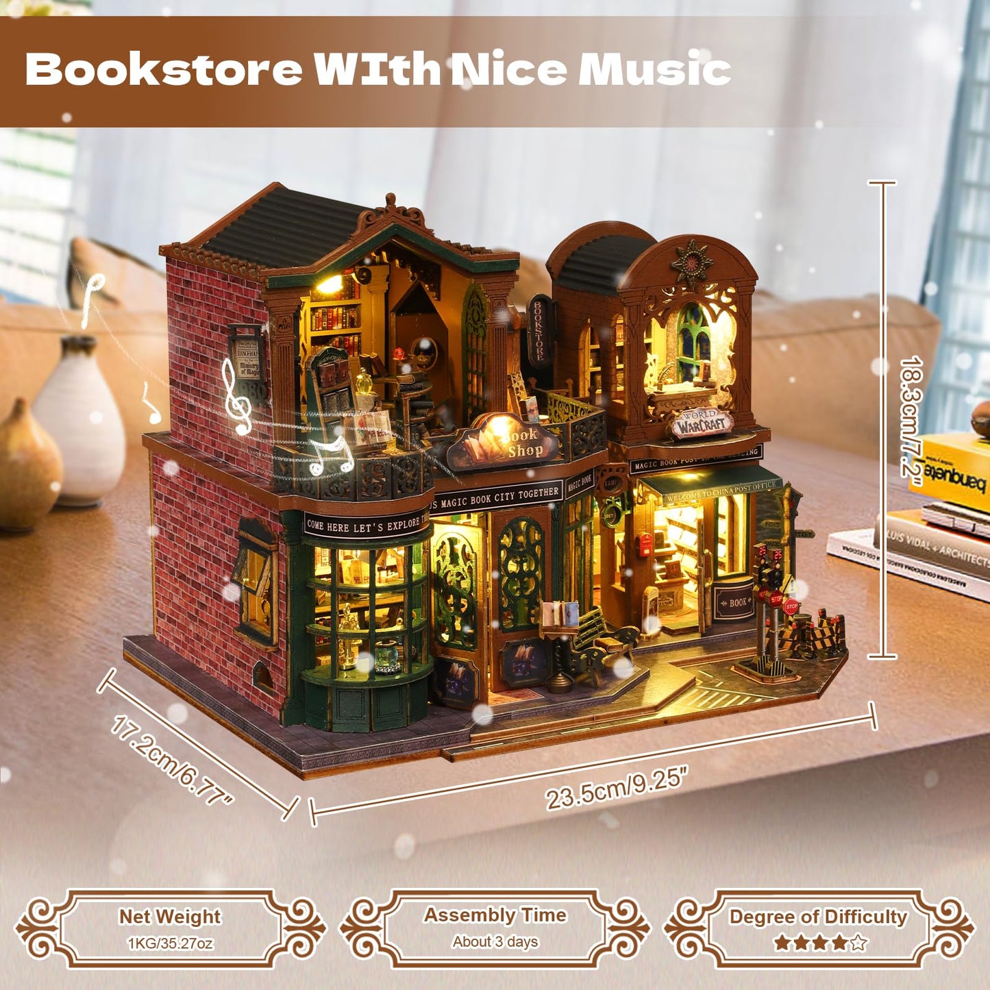 Hallisun DIY Miniature House Building Kits, Twilight Book City and Momo Tea House 3D Wooden Dollhouse Toys, Birthday Festival Gift for Teens Adults with Dustproof Covers