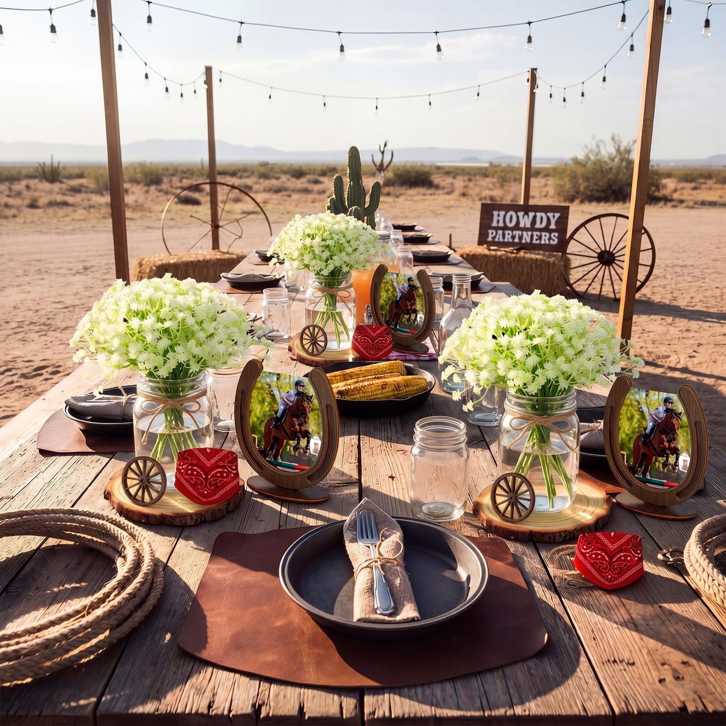 Bucherry 6 Sets Western Cowboy Centerpieces for Table Wild Cowgirl Rodeo Party Decorations with Wood Chips Wheels Mason Bouquets Ropes Horseshoe Headscarves for Wedding Party Birthday Decor(Classic)